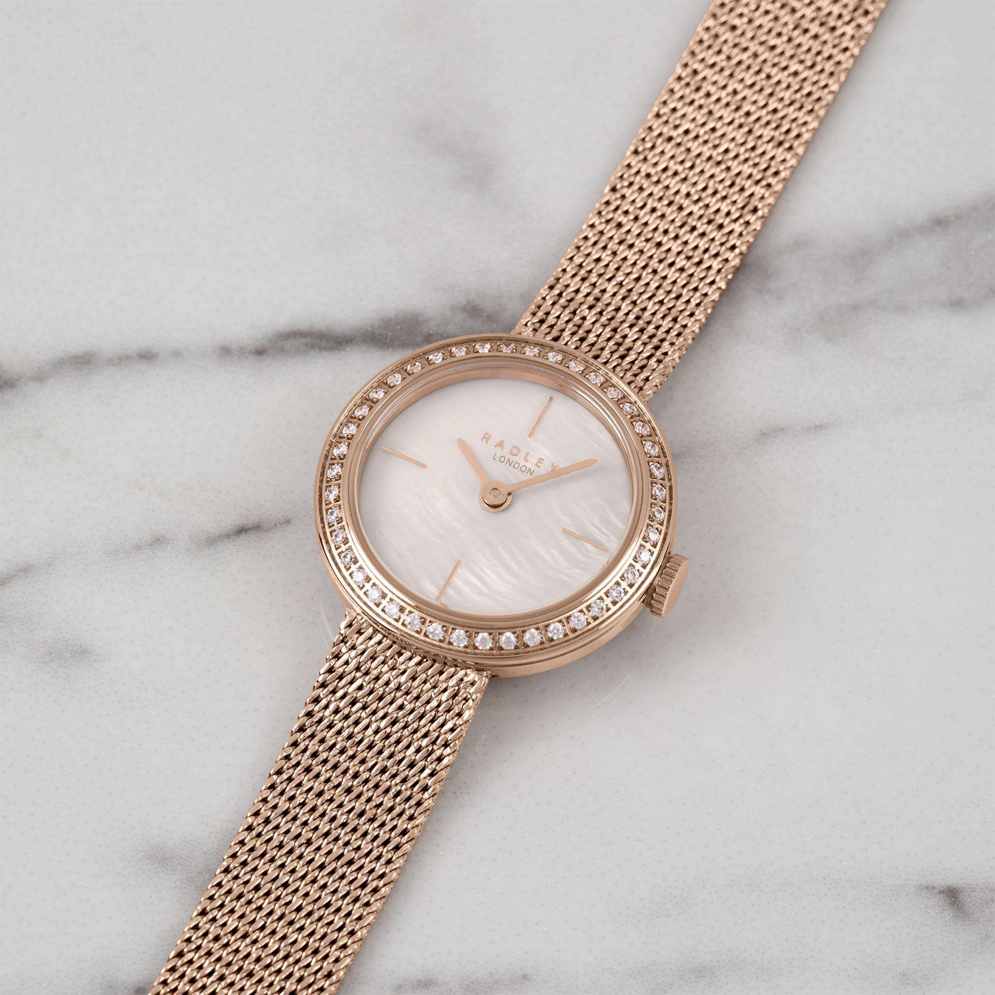 Radley Quarz Rosa Zifferblatt Gold Milanese Messing Armband Damen Uhr RY4570