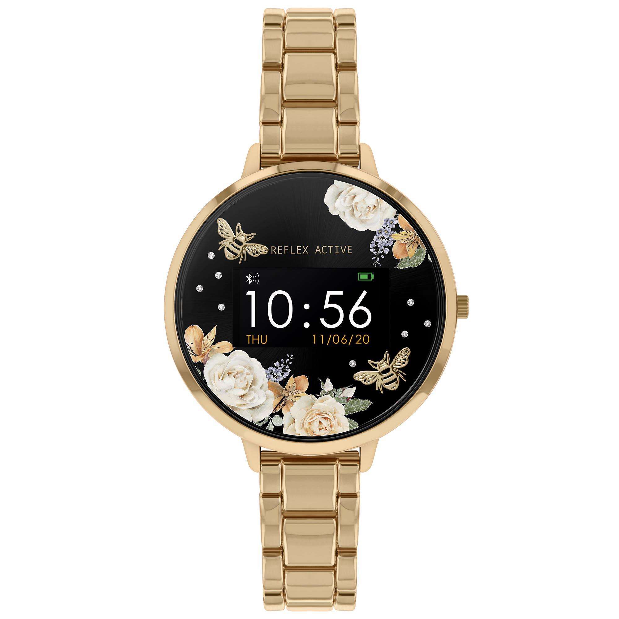 Reflex Active Series 03 Quarz Schwarzes Blumen Gold PVD Edelstahl Armband Damen Smartwatch RA03-4008