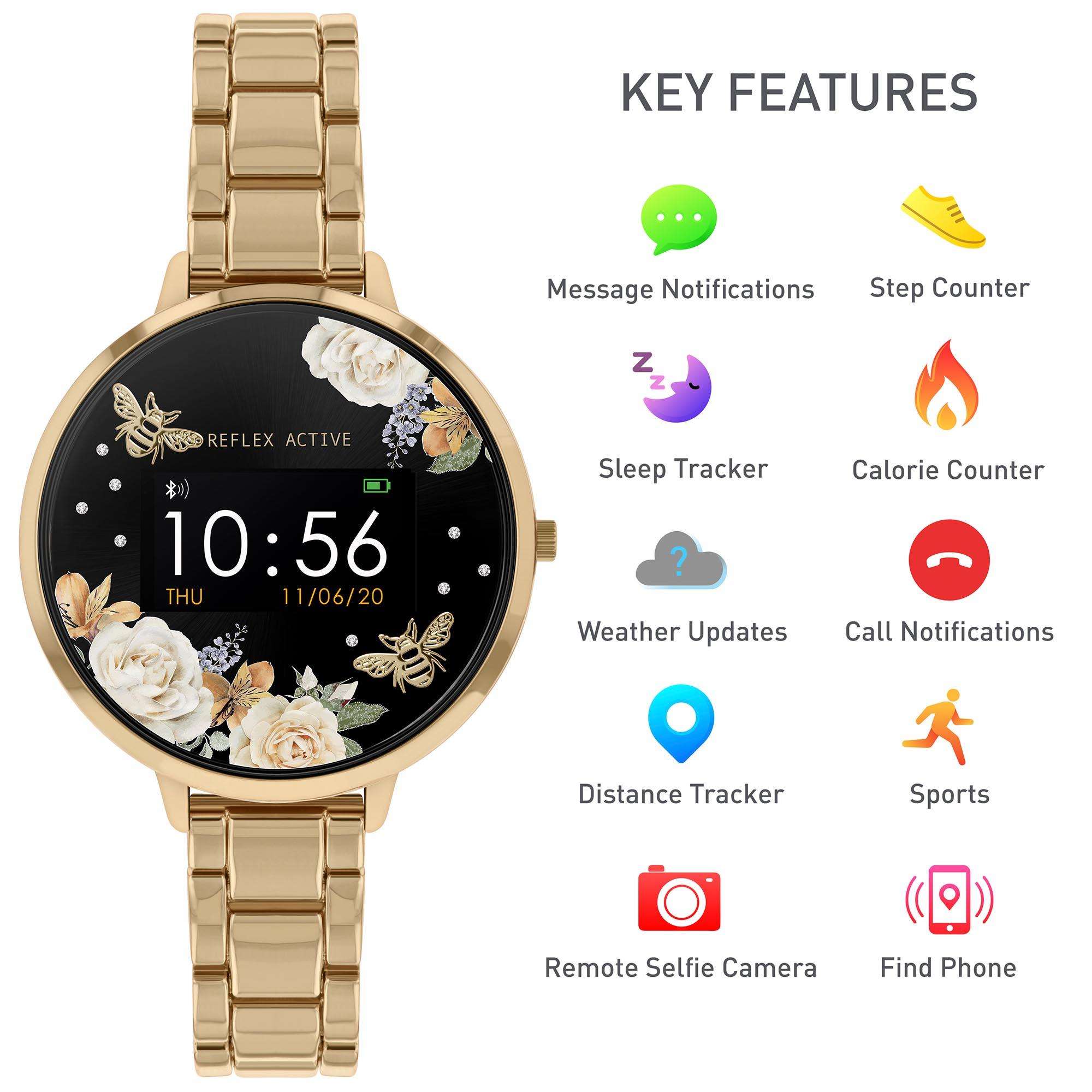 Reflex Active Series 03 Quarz Schwarzes Blumen Gold PVD Edelstahl Armband Damen Smartwatch RA03-4008