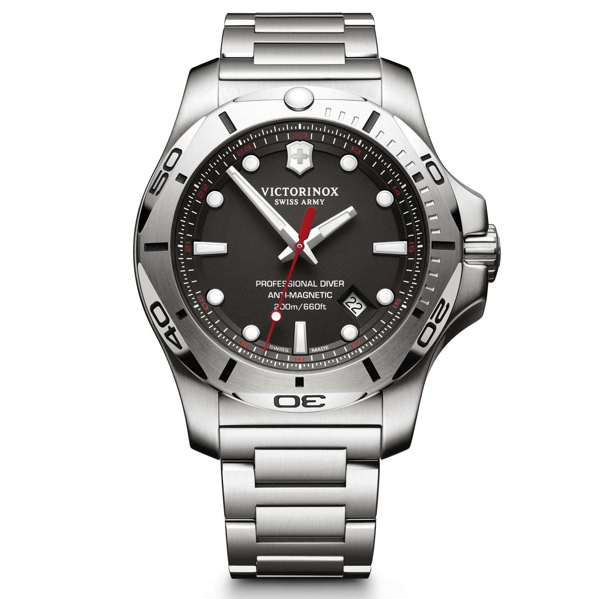 Victorinox Swiss Army I.N.O.X Professioneller Taucher Schwarzes Zifferblatt Silbernes Edelstahlarmband Herren Uhr 241781