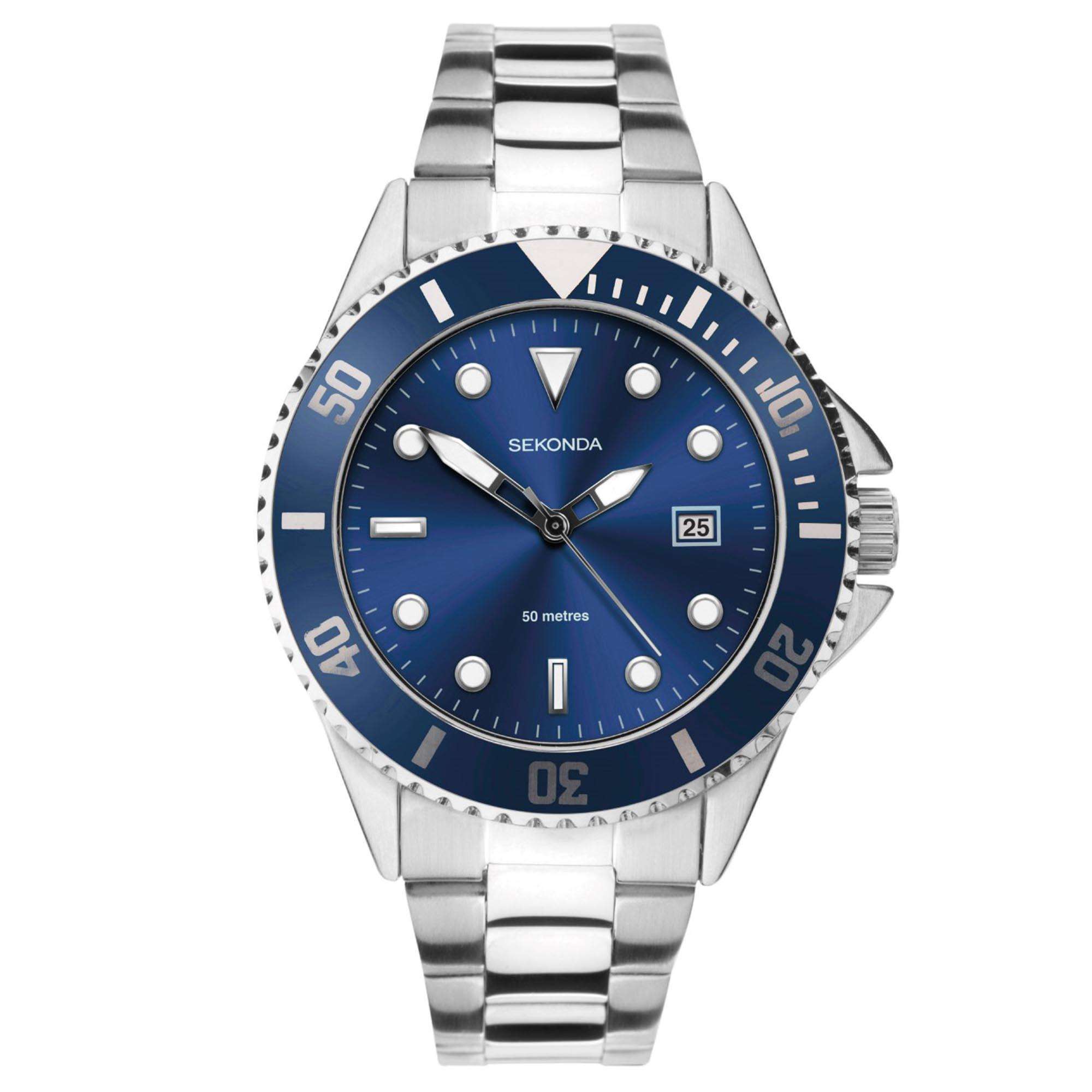 Sekonda Sports Quarz Blaues Zifferblatt Edelstahl Armband Herren Uhr 1975