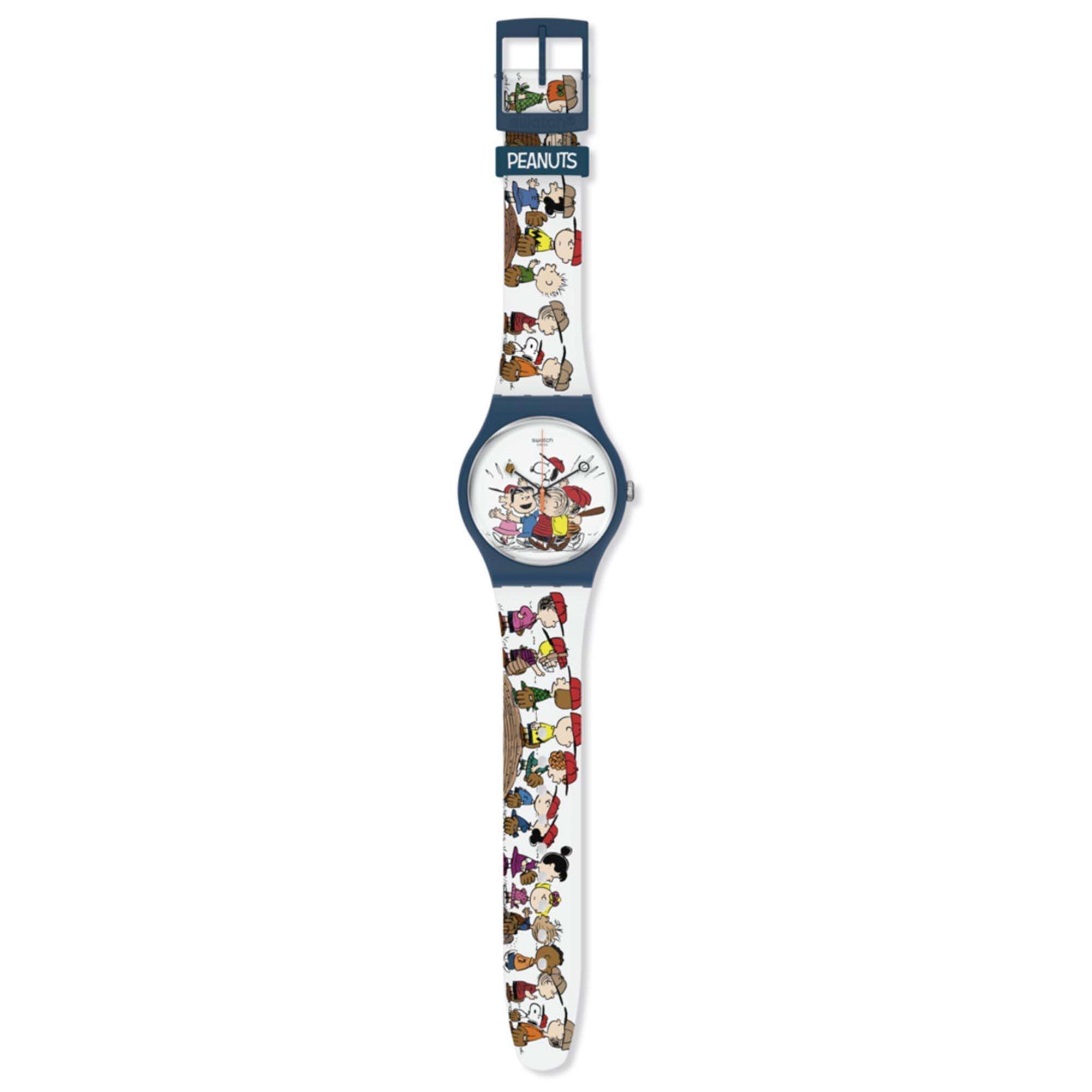 Swatch Peanuts First Base Quarz Weiße Zifferblatt Silikonarmband Uhr SO29Z107