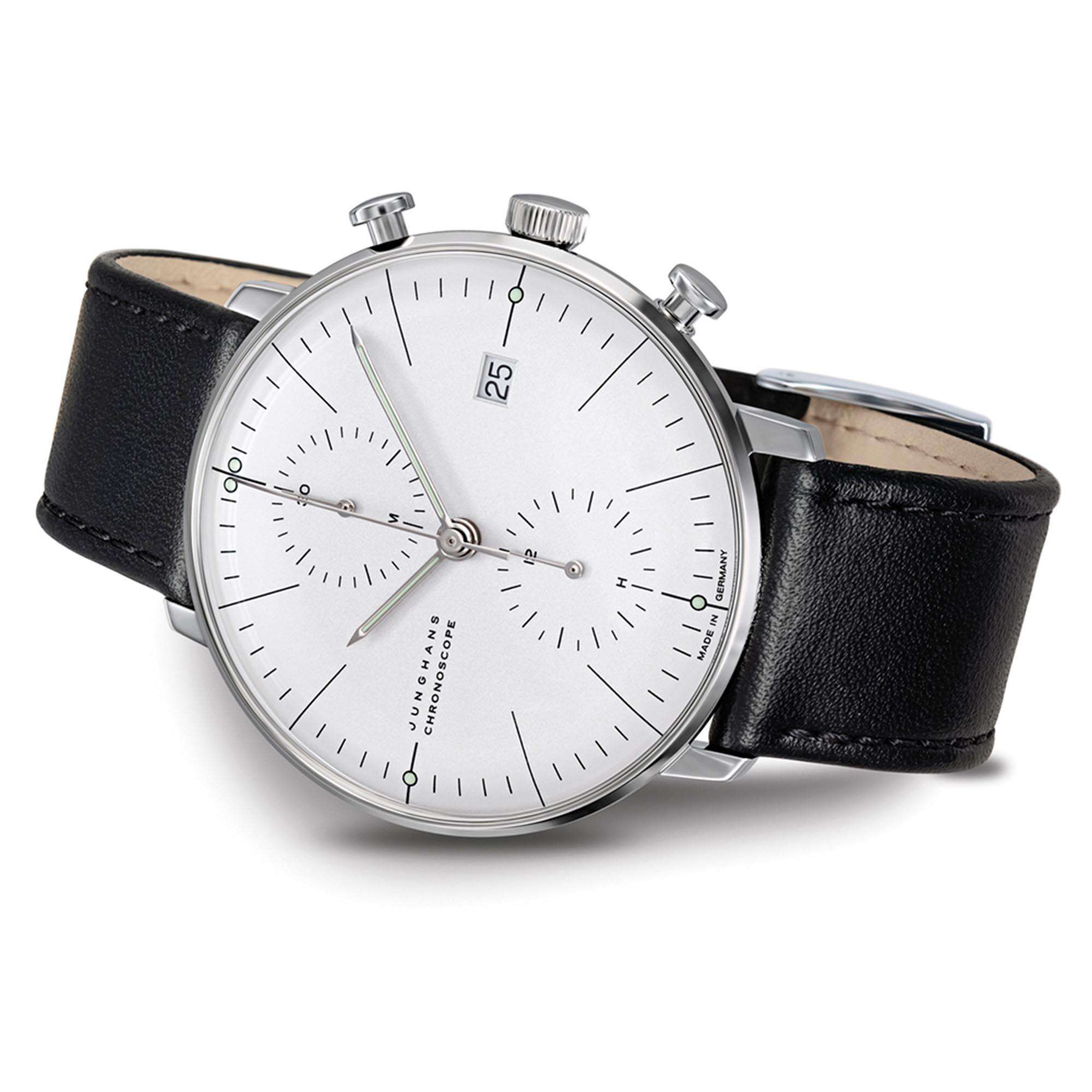 Montre Homme Junghans Max Bill Chronoscope Cadran Argent Bracelet Cuir Noir 27/4600.04