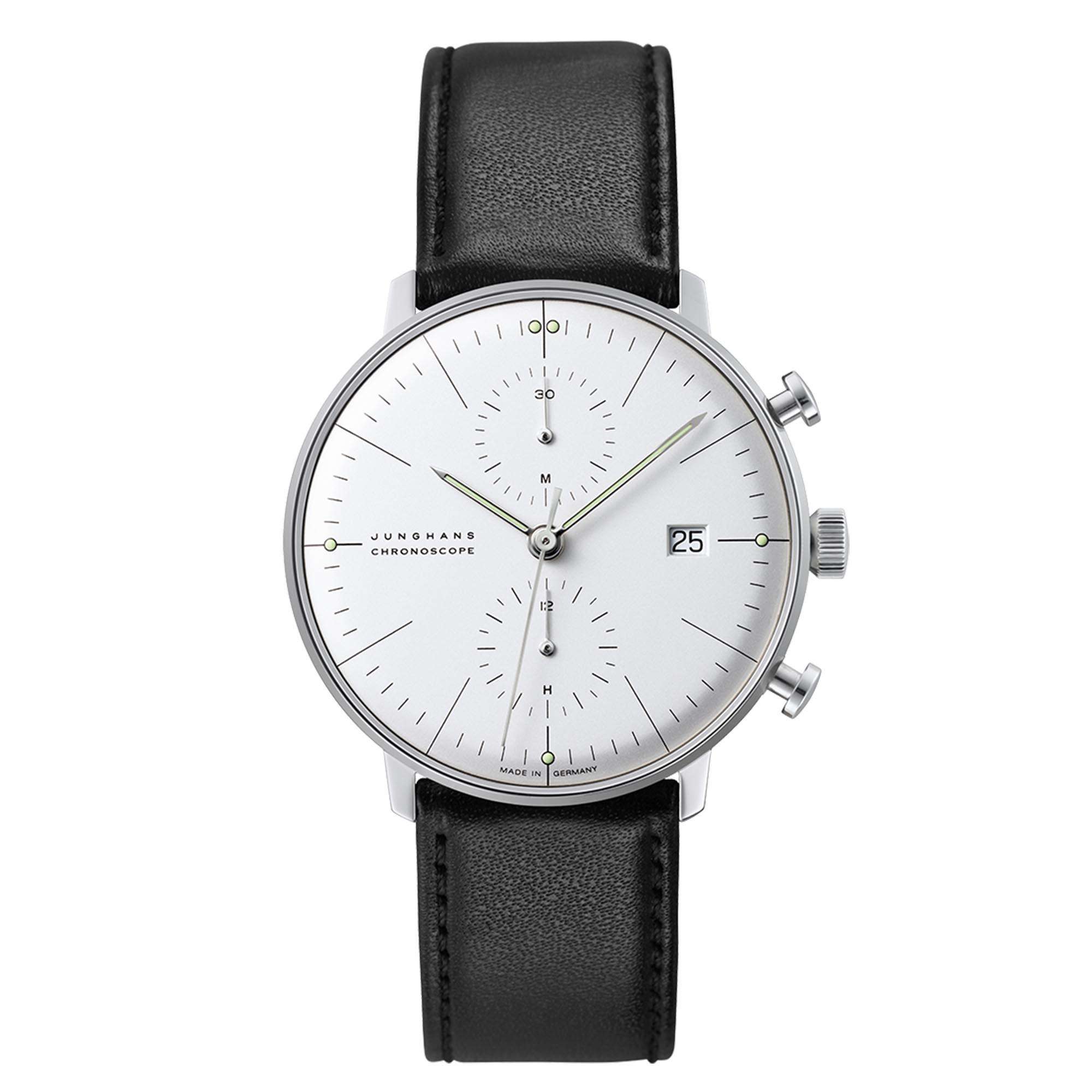 Montre Homme Junghans Max Bill Chronoscope Cadran Argent Bracelet Cuir Noir 27/4600.04