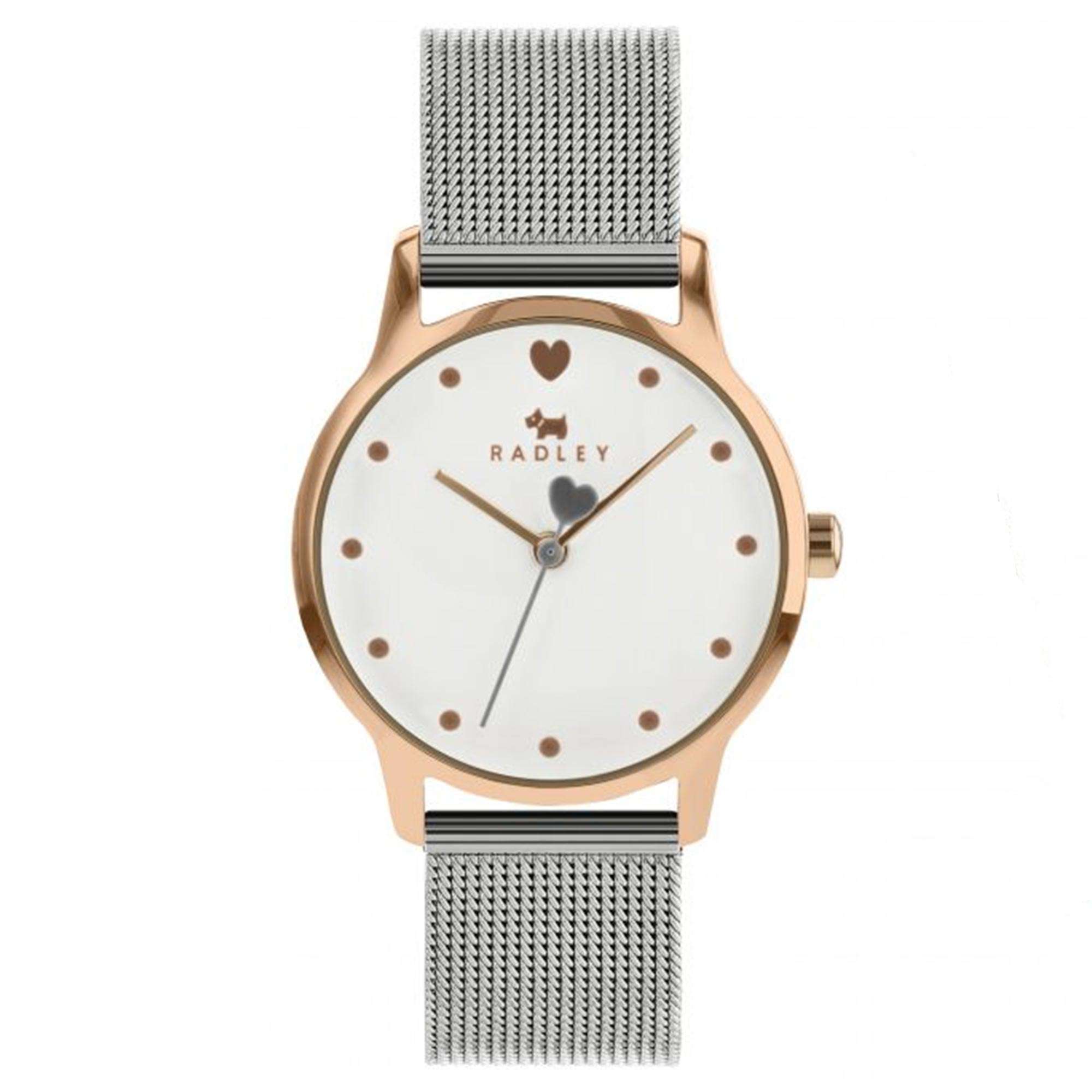 Radley Quarz Weißes Zifferblatt Silberne Mailänder Stahl Charme Armband Gold Damen Uhr RY4411