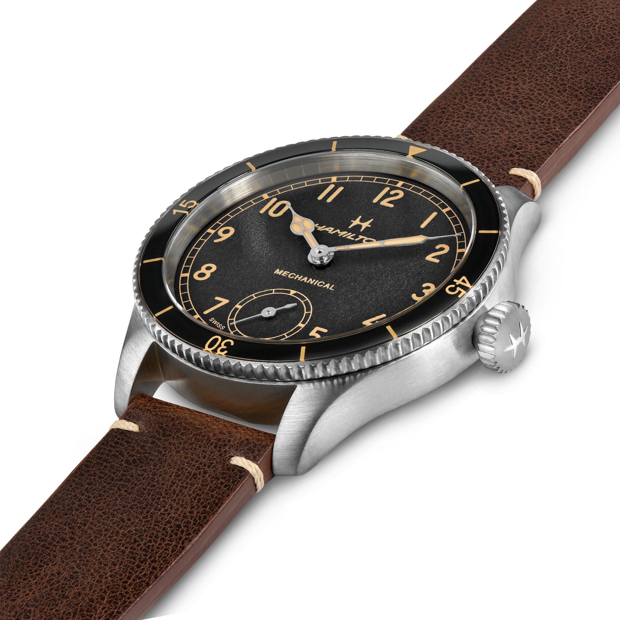  Hamilton Khaki Aviation H76719530 rotating bezel and prominent winding crown side profile 