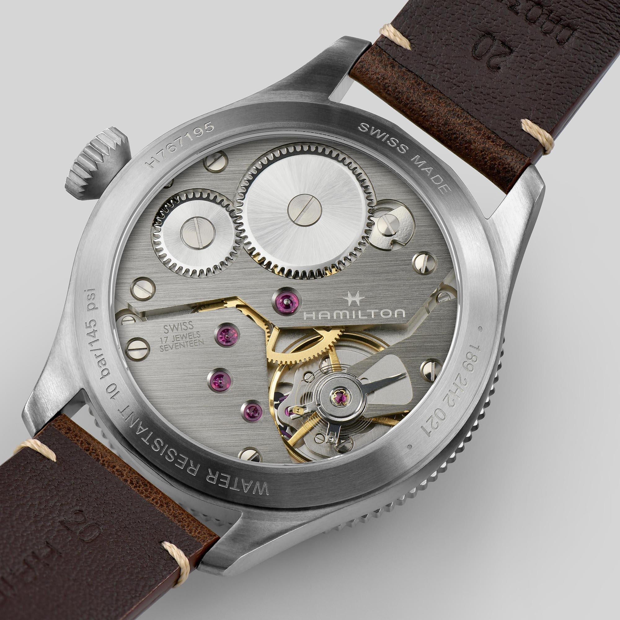 Hamilton H76719530 exhibition caseback revealing ETA 6498-1 hand-wound movement