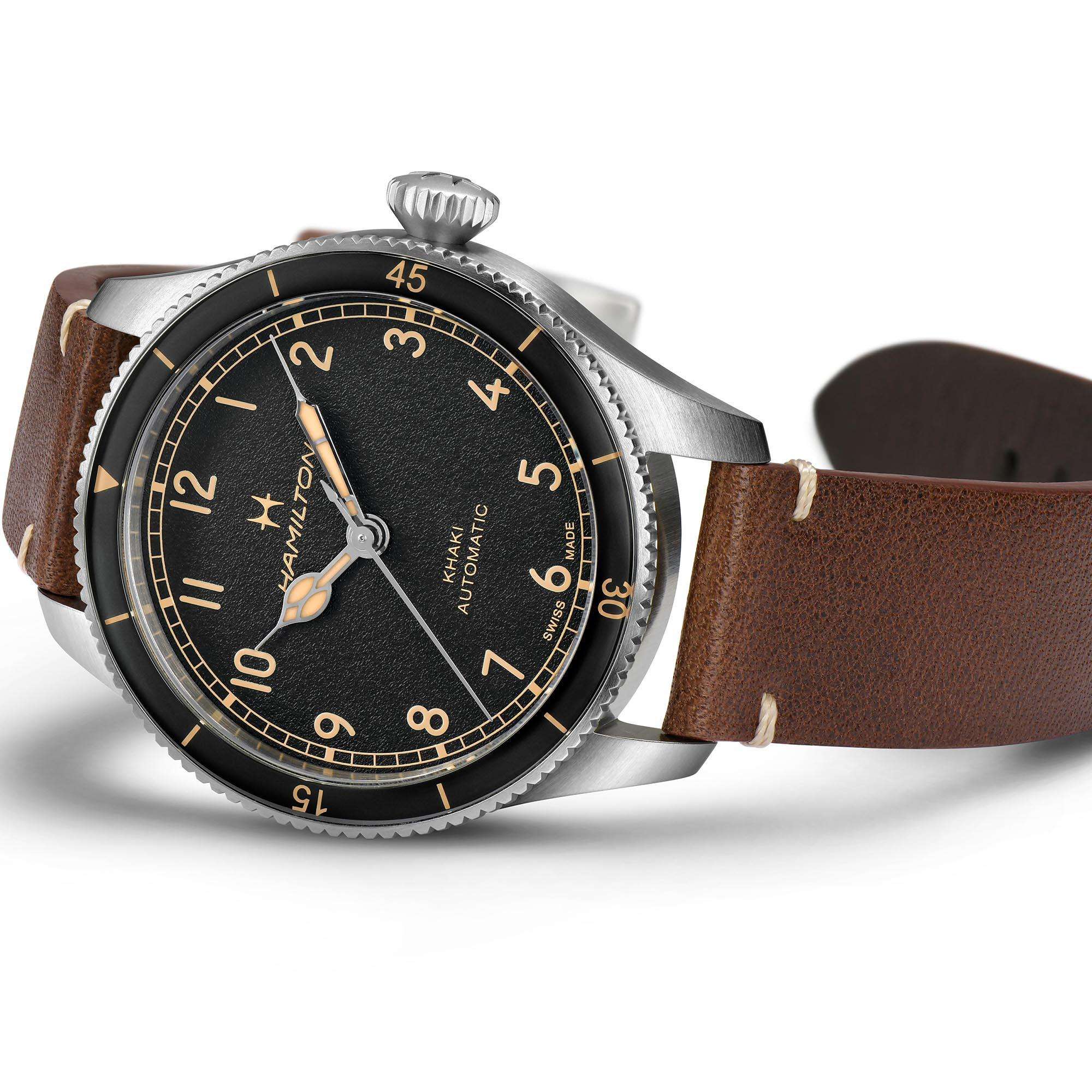 Hamilton Khaki Aviation H76205530 matte black dial with cathedral hands and railway track close-up