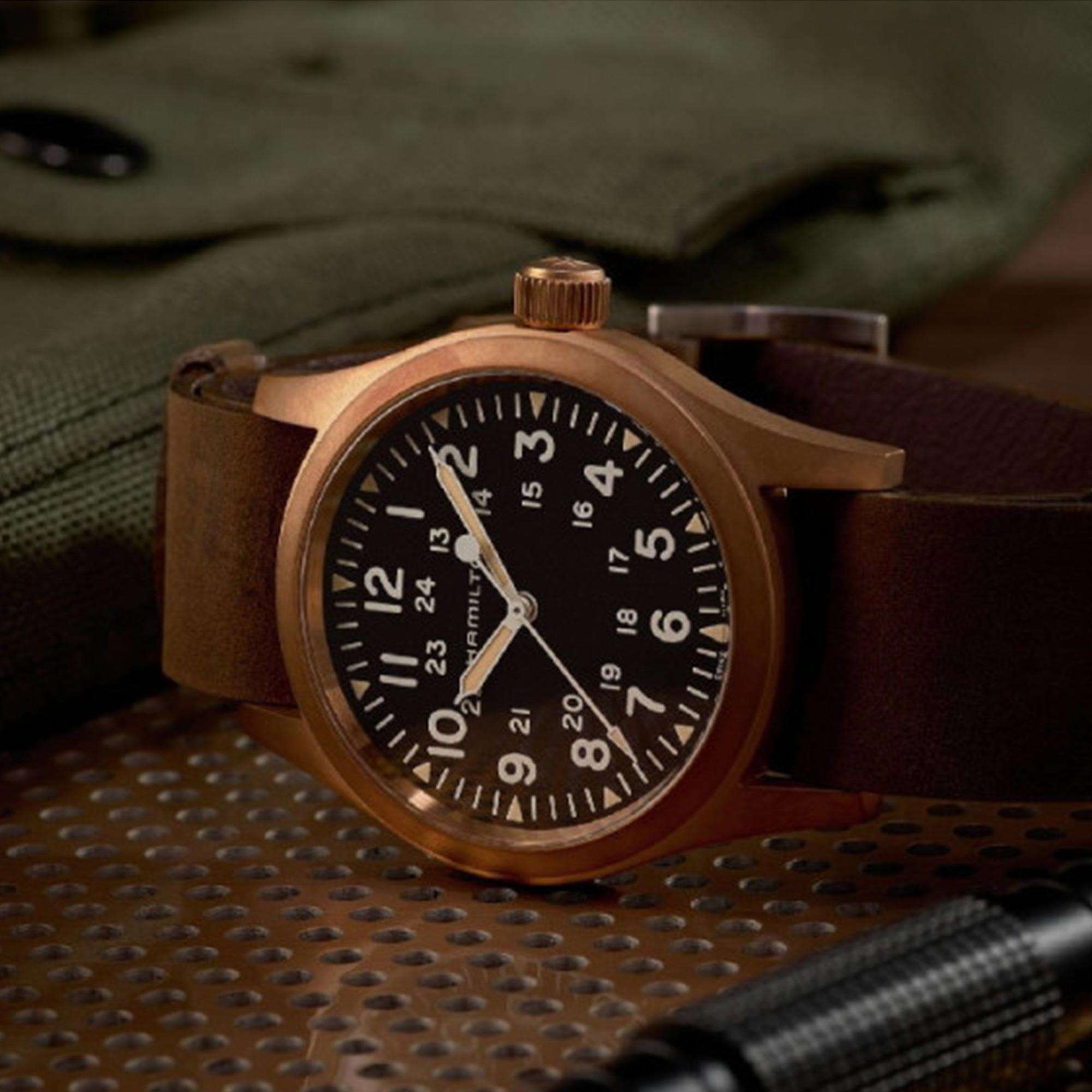Hamilton Khaki Field 38mm Bronze Black Dial Leather Mens Mechanical Watch H69459530