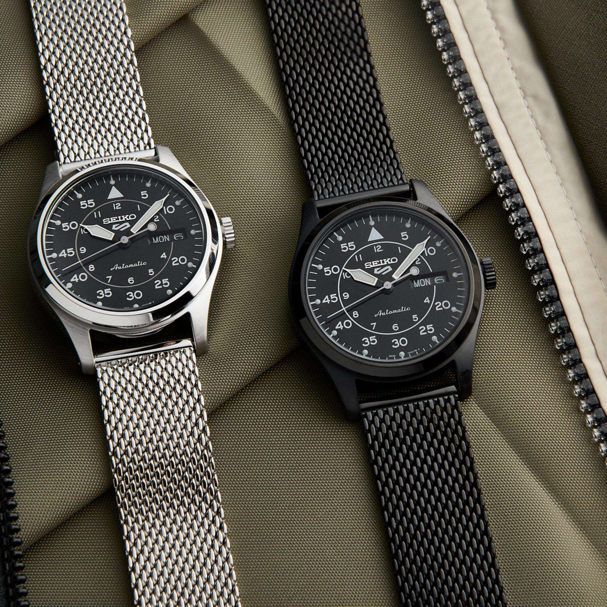 Seiko 5 Sports Flieger Pilot/Aviation Automatik Schwarze Zifferblatt Mailänder Armband Herren Uhr SRPH23K1