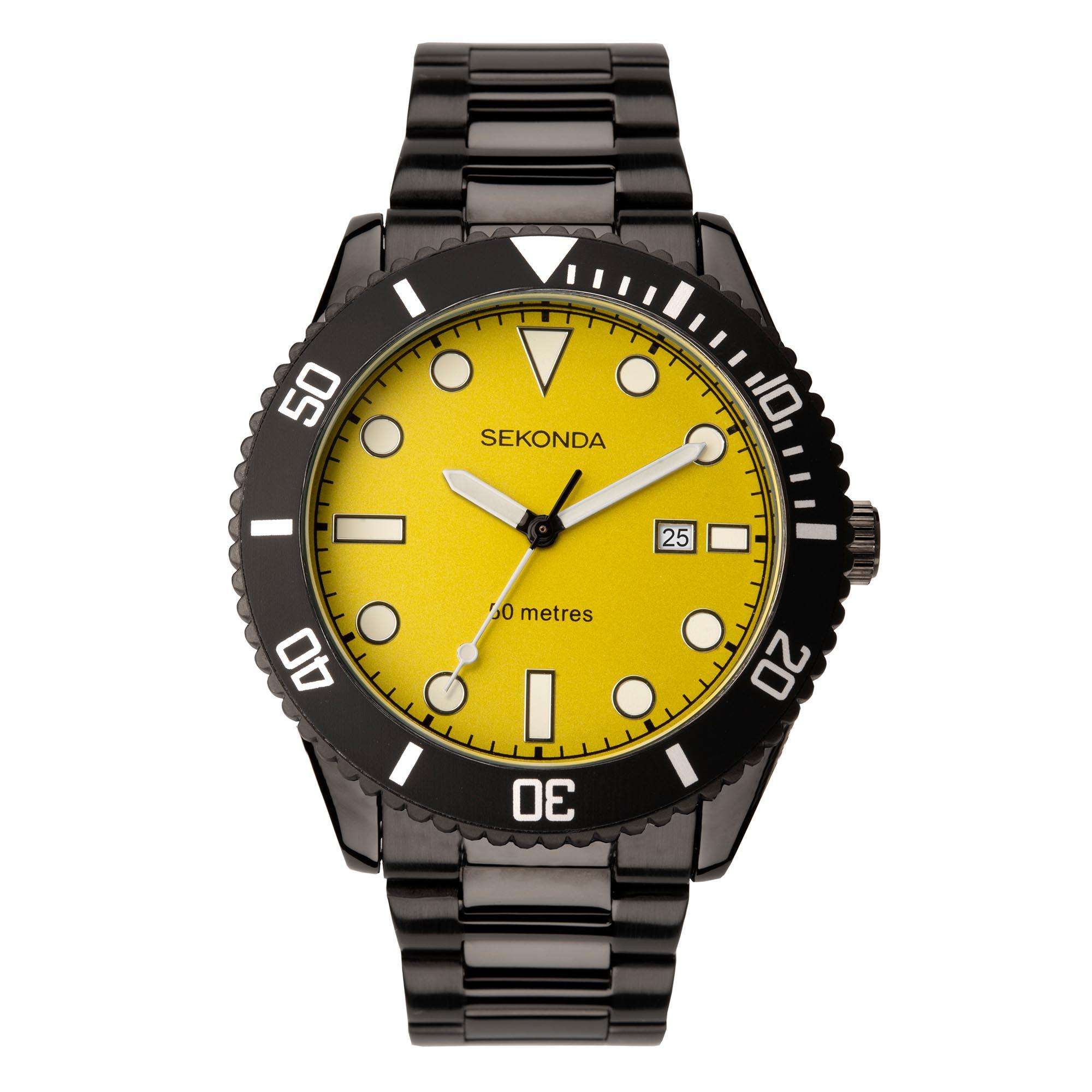 Sekonda Sports Taucherstil Gelbes Zifferblatt Schwarzes IP Stahlarmband Herren Uhr 1978