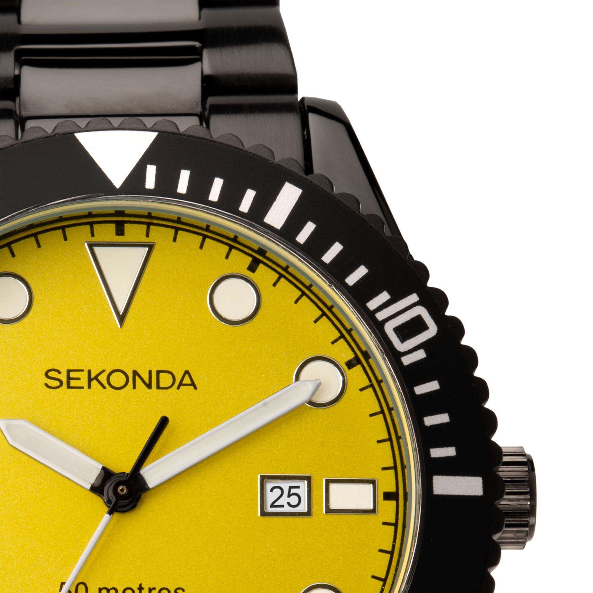 Sekonda Sports Taucherstil Gelbes Zifferblatt Schwarzes IP Stahlarmband Herren Uhr 1978
