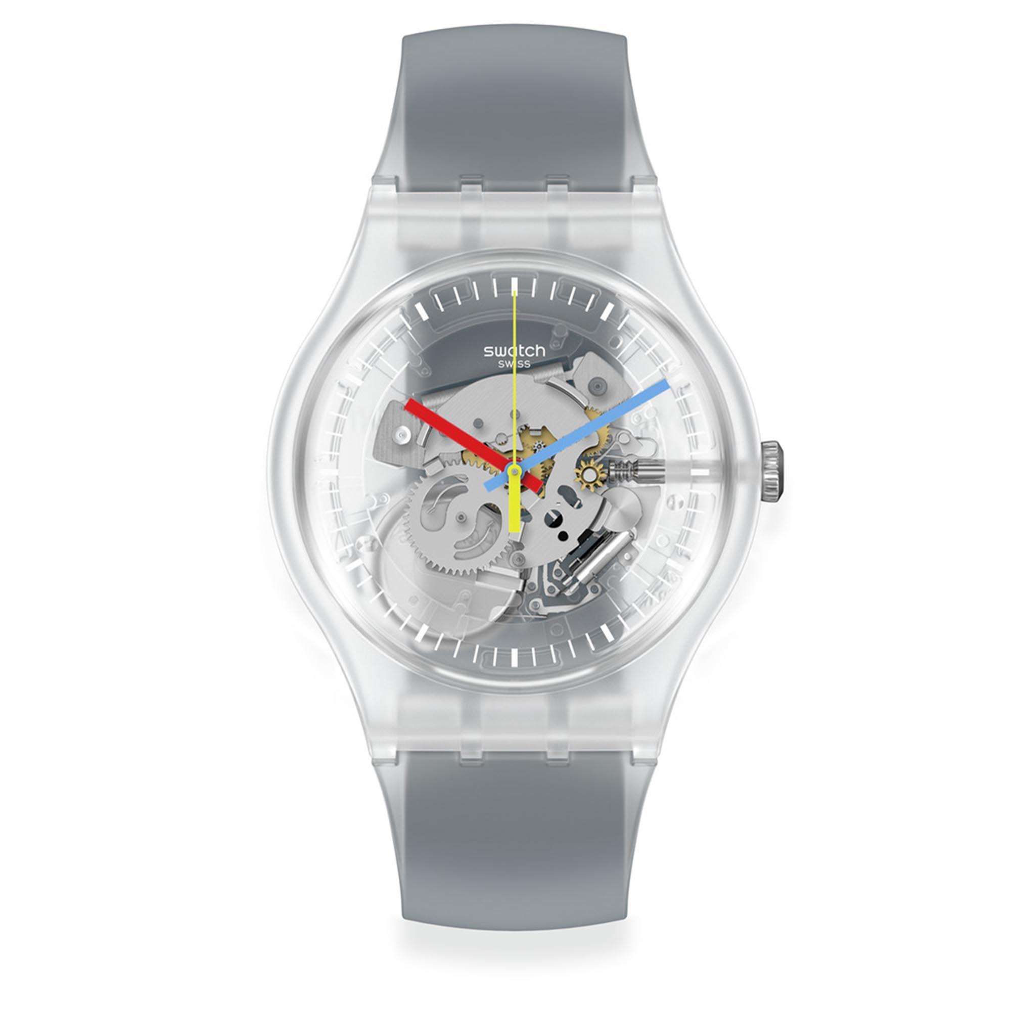 Swatch Clearly Black Striped Quarz Transparentes Zifferblatt Schwarzes Silikonarmband Uhr SUOK157