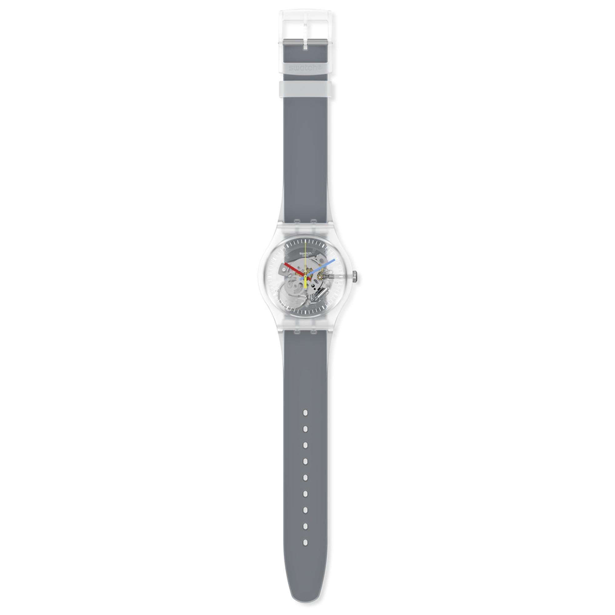 Swatch Clearly Black Striped Quarz Transparentes Zifferblatt Schwarzes Silikonarmband Uhr SUOK157