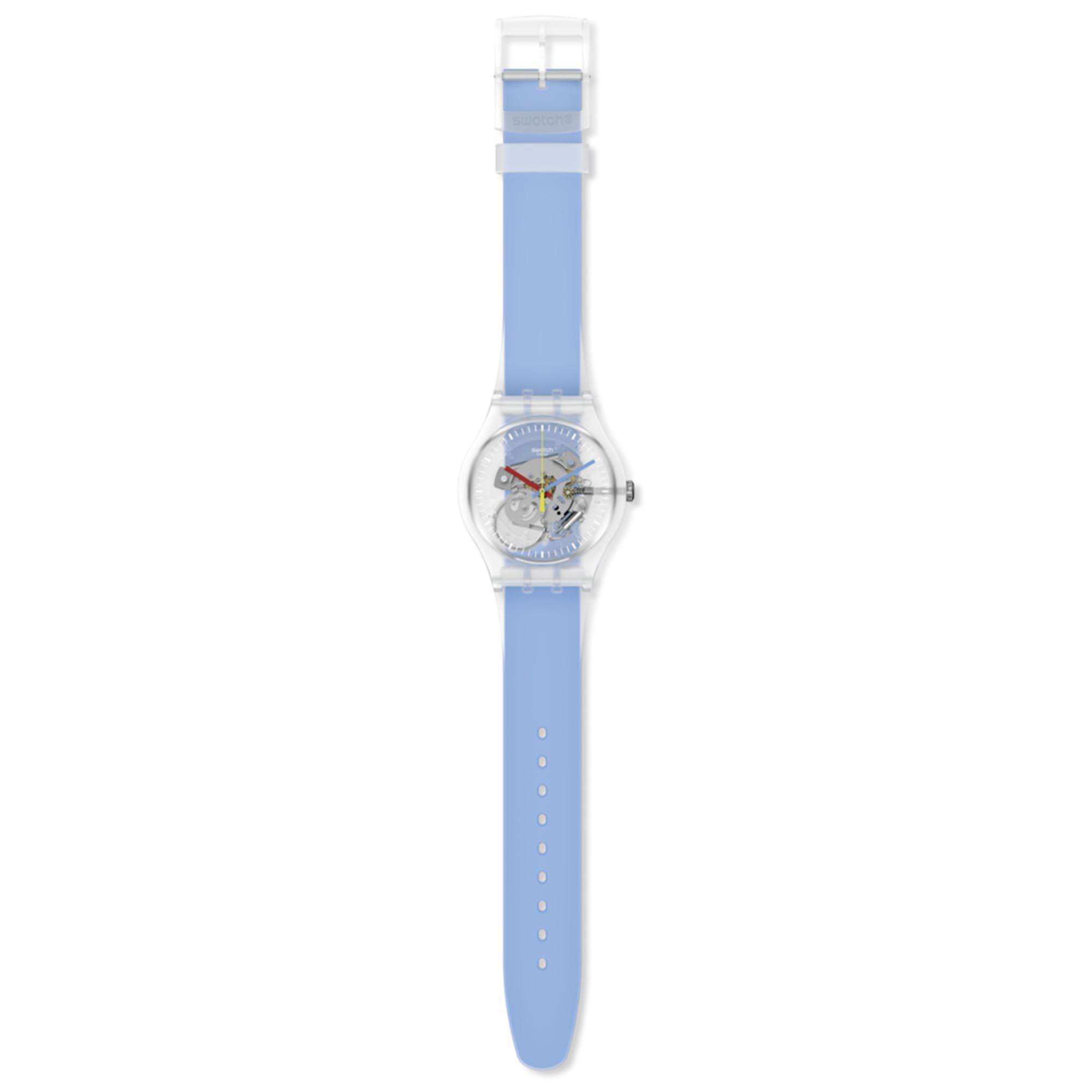 Swatch Clearly Blue Striped Quarz Transparentes Zifferblatt Blaues Silikonarmband Uhr SUOK156