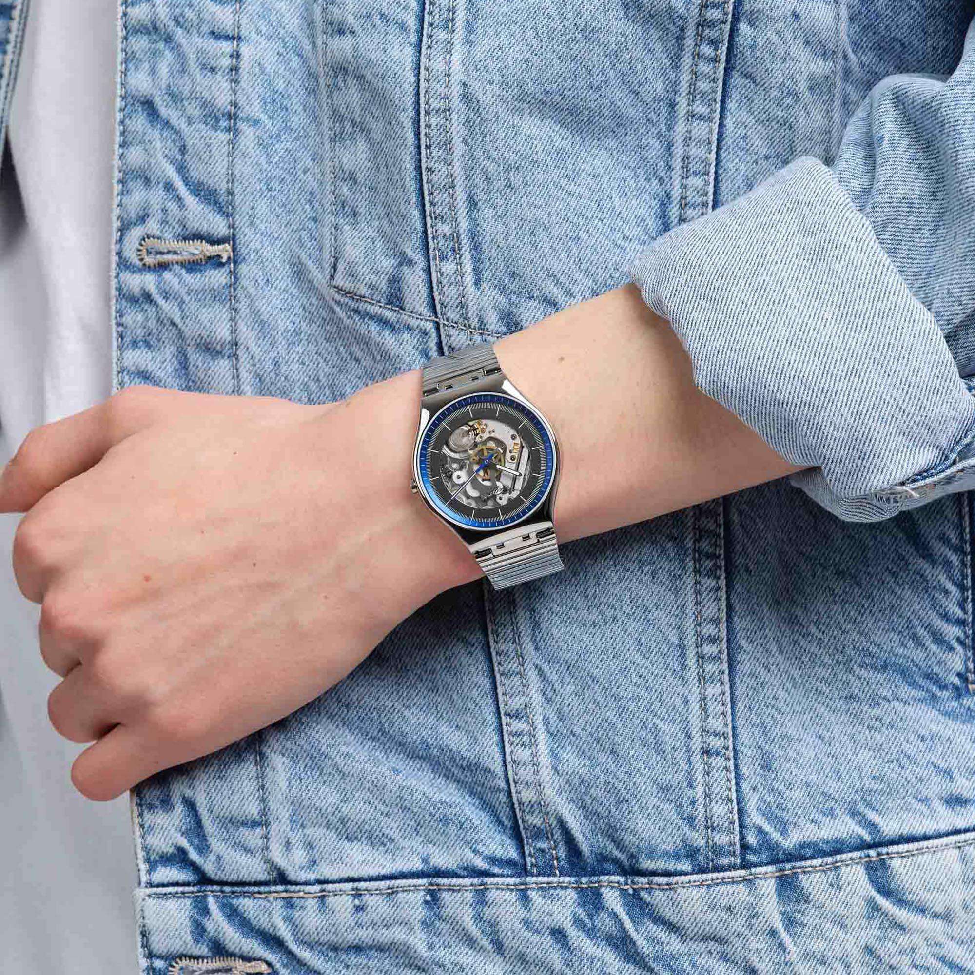 Swatch Ringing In Blue Quartz Grey Dial Stainless Steel Bracelet Men's Watch SS07S116GG