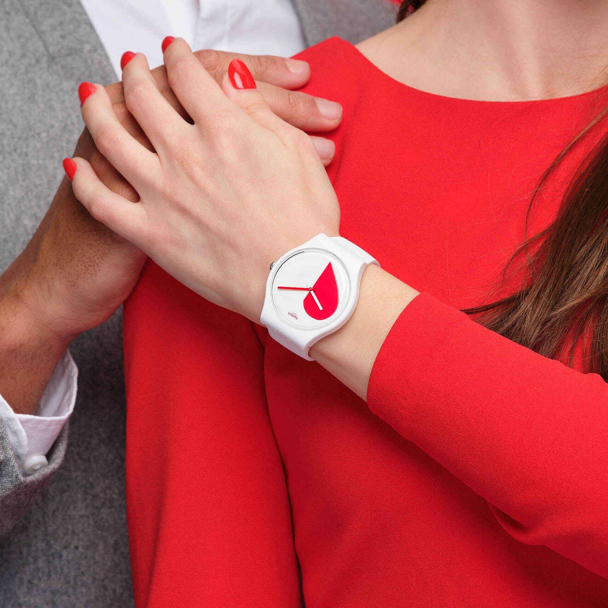 Swatch New Gent Half <3 Red Quartz White Dial White Silicone Strap Watch SO29Z113