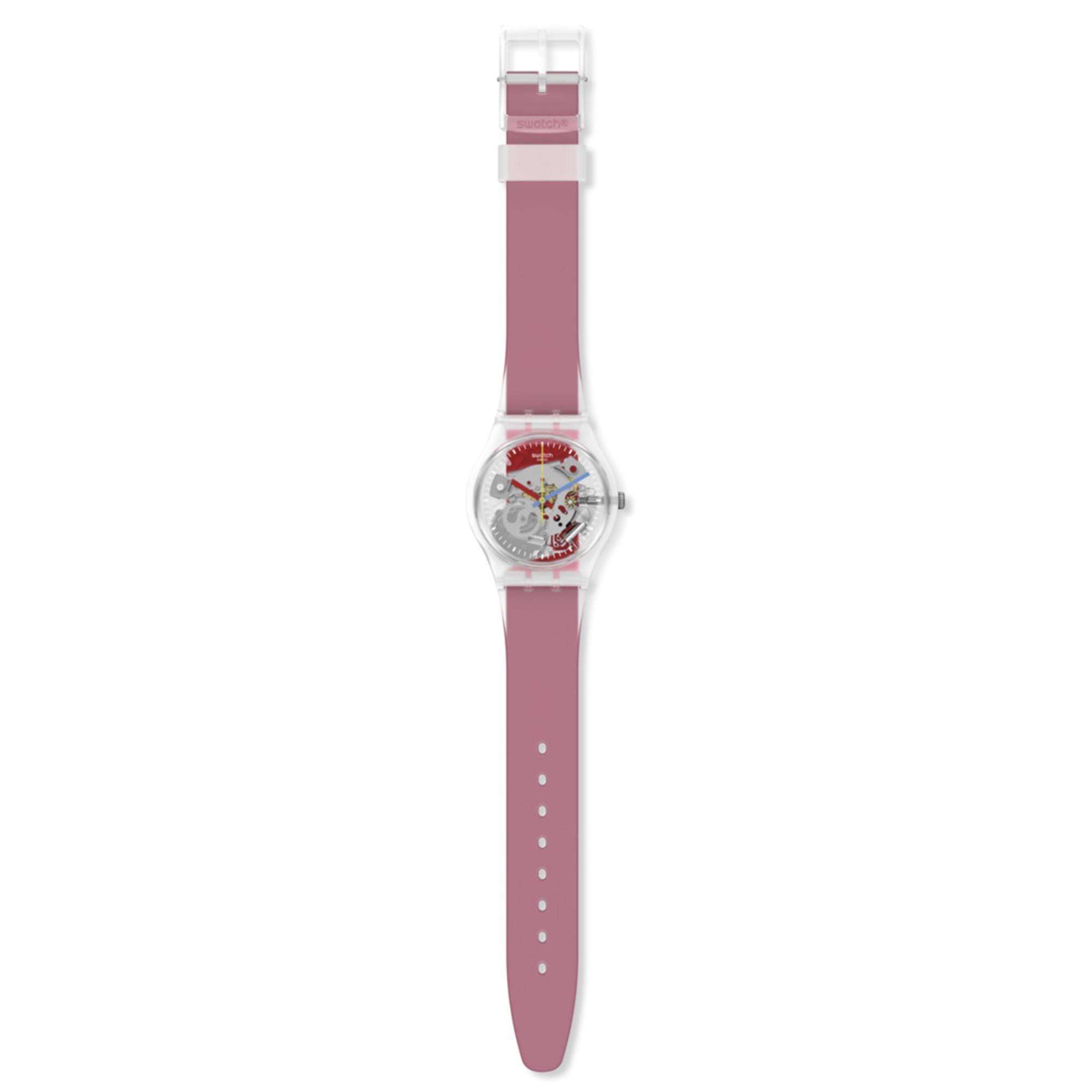 Swatch Clearly Red Striped Quartz Transparent Dial Red Silicone Strap  Watch GE292