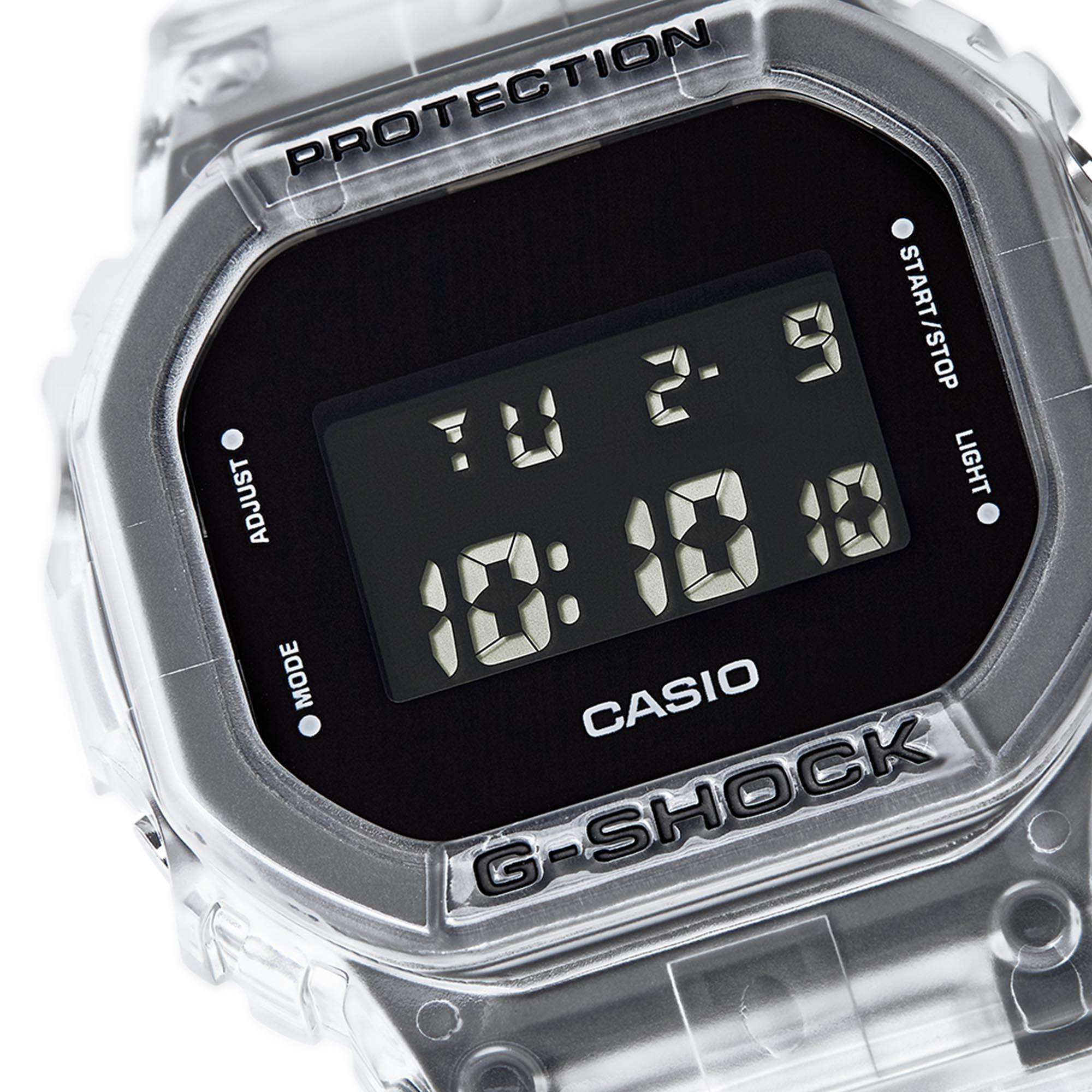Casio G-Shock Quarz Schwarzes Zifferblatt Transparentes Silikonarmband Herren Uhr DW-5600SKE-7ER