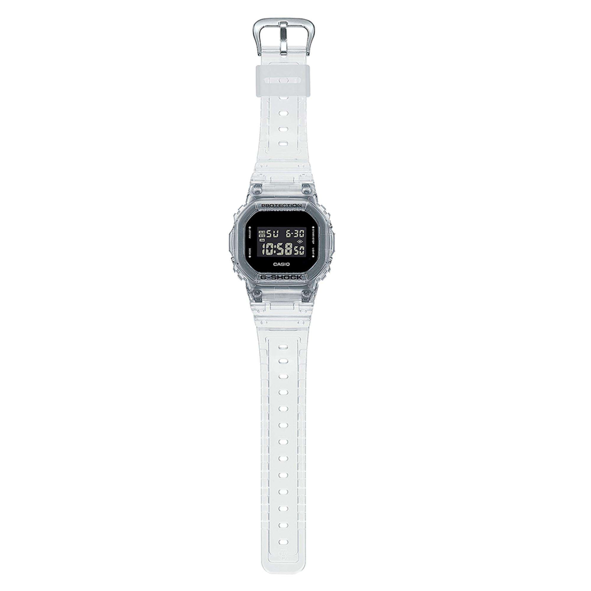 Casio G-Shock Quarz Schwarzes Zifferblatt Transparentes Silikonarmband Herren Uhr DW-5600SKE-7ER