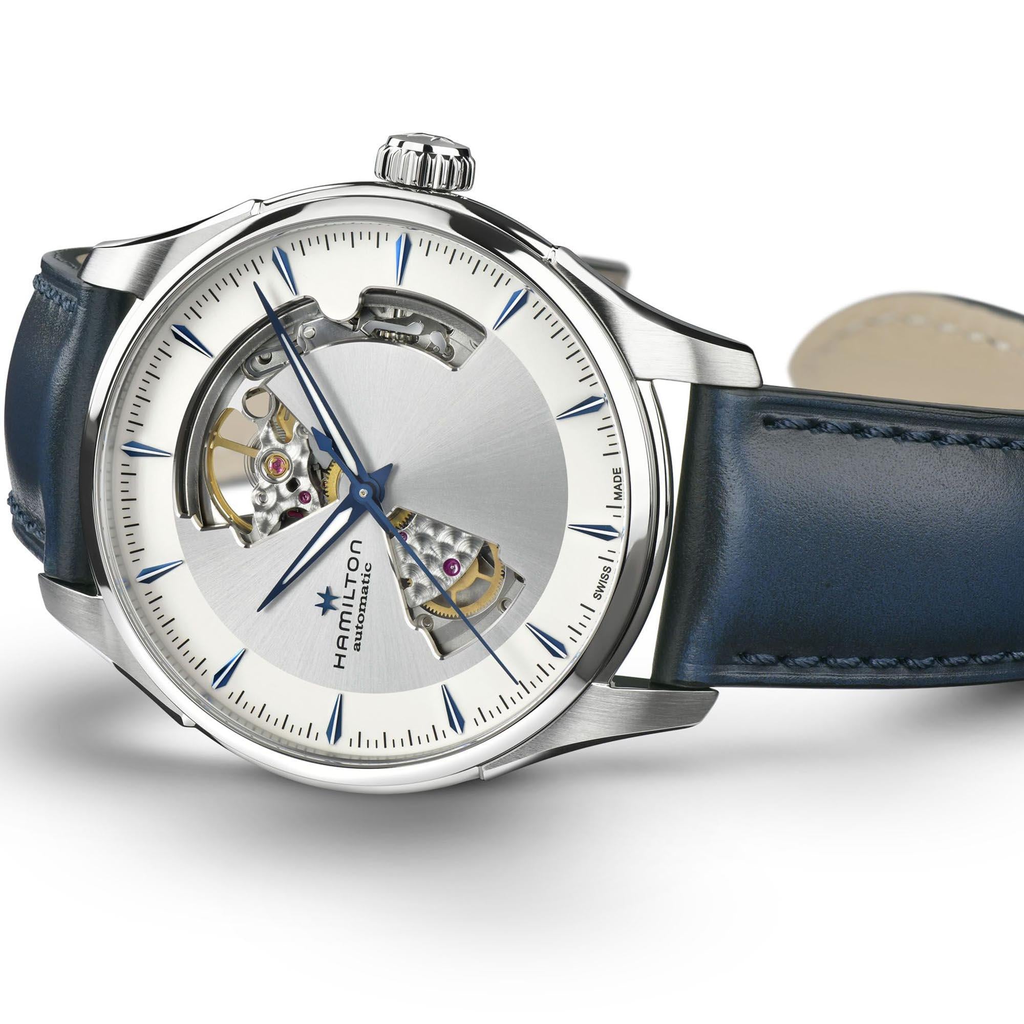 Hamilton Jazzmaster 40mm Open Heart Silbernes Zifferblatt Leder Herren Automatik Uhr H32675650