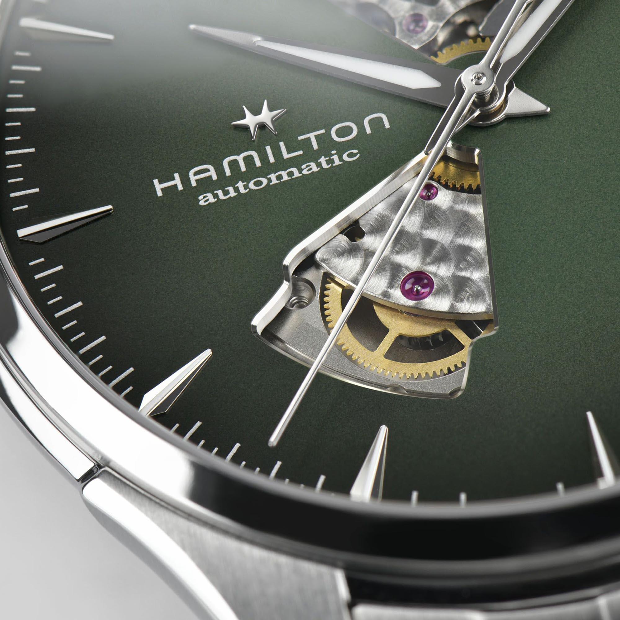 Hamilton Jazzmaster H32675160 smoked green dial with open-heart aperture close-up
