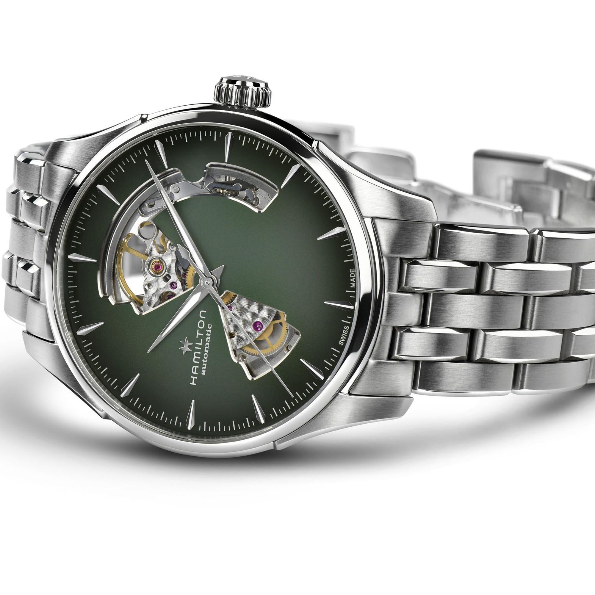  Hamilton Jazzmaster H32675160 40mm green dial and its brushed and polished steel bracelet detail