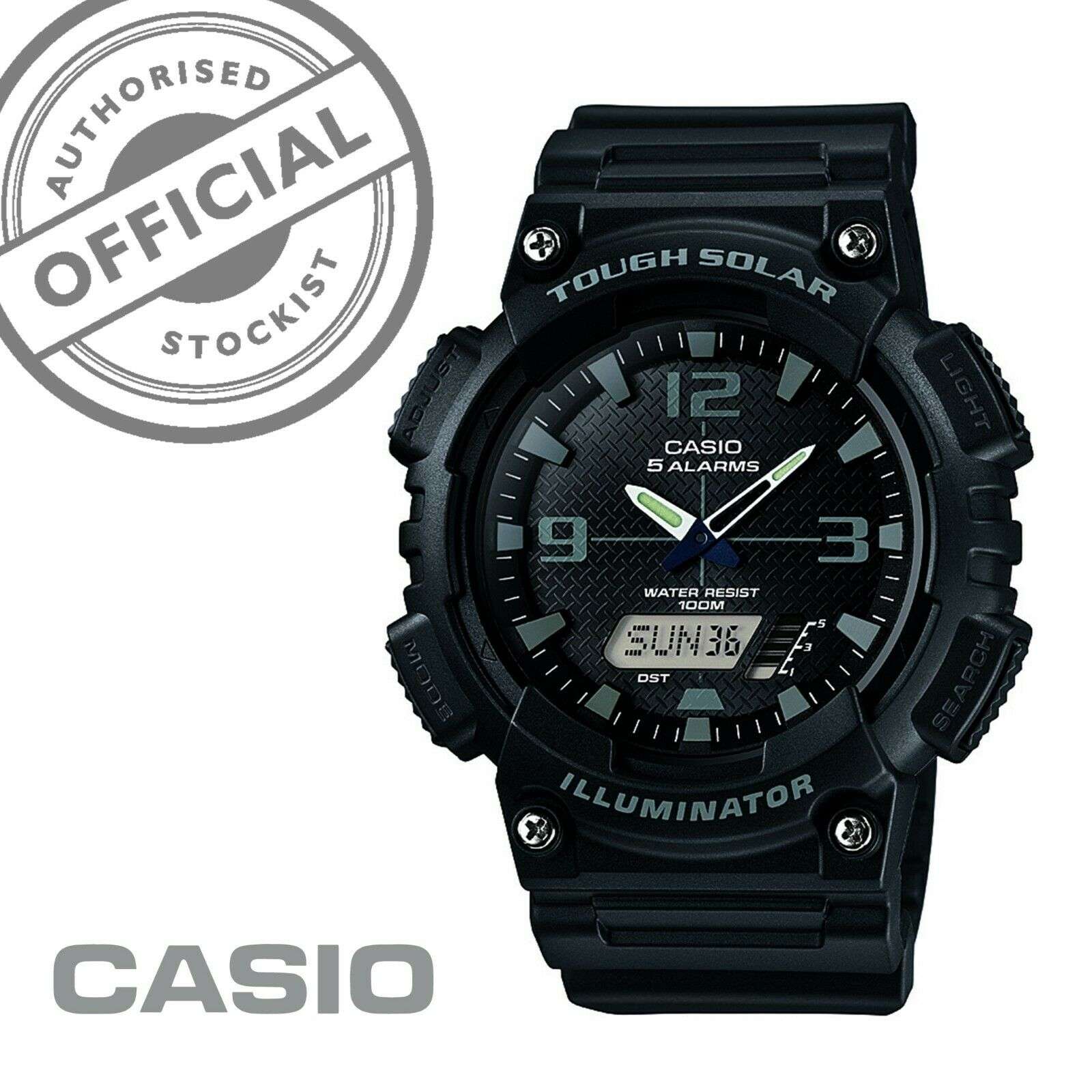 Casio Fünf Alarm Solarbetriebene Schwarzes Zifferblatt Schwarzes Harzarmband Herren Uhr AQ-S810W-1A2VEF