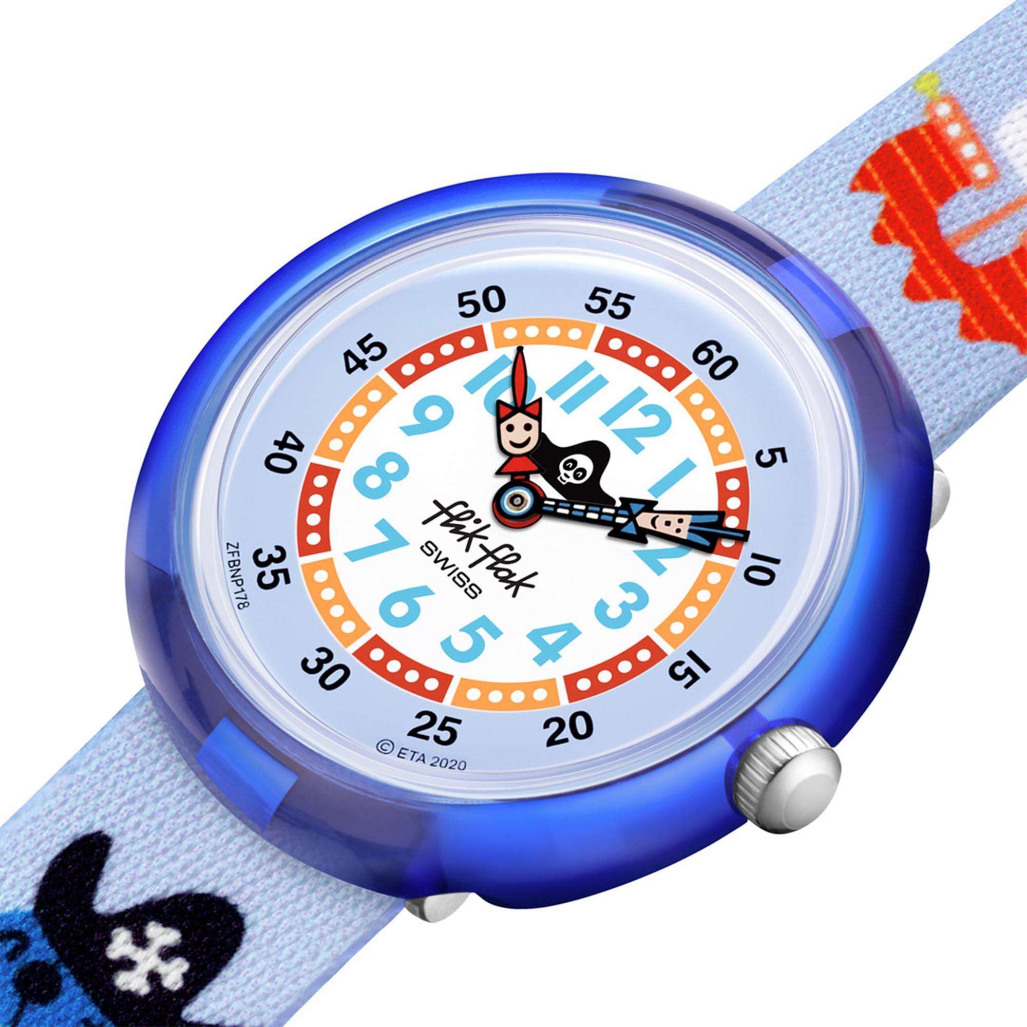 Flik Flak Ahoy Matey! Quarz Blaues Zifferblatt Blaues Stoffarmband Kinder Uhr FBNP178