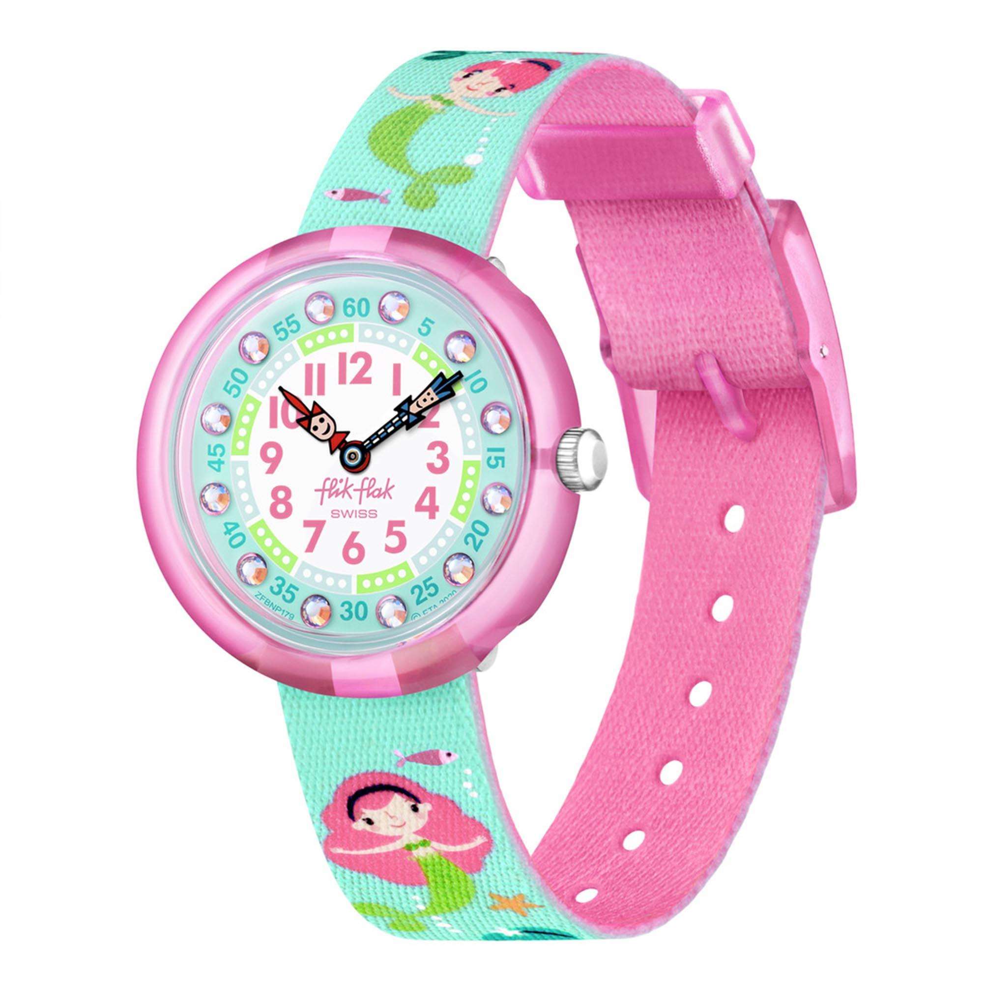 Flik Flak Mermailicious Quarz Blaues Zifferblatt Blaues Stoffarmband Kinder FBNP179