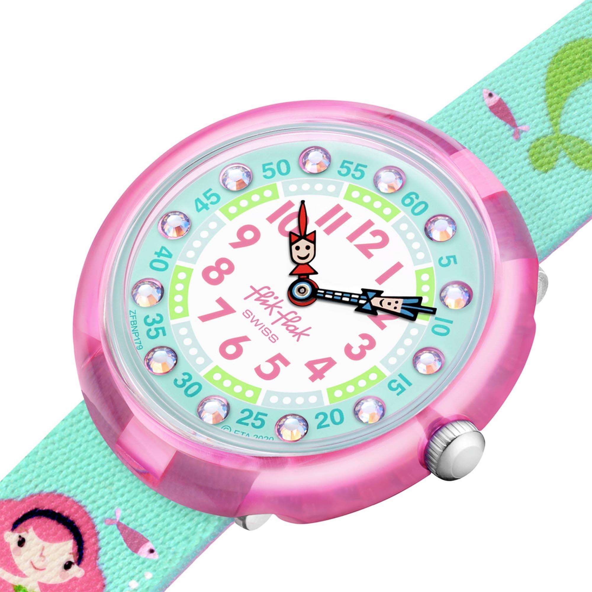 Flik Flak Mermailicious Quarz Blaues Zifferblatt Blaues Stoffarmband Kinder FBNP179