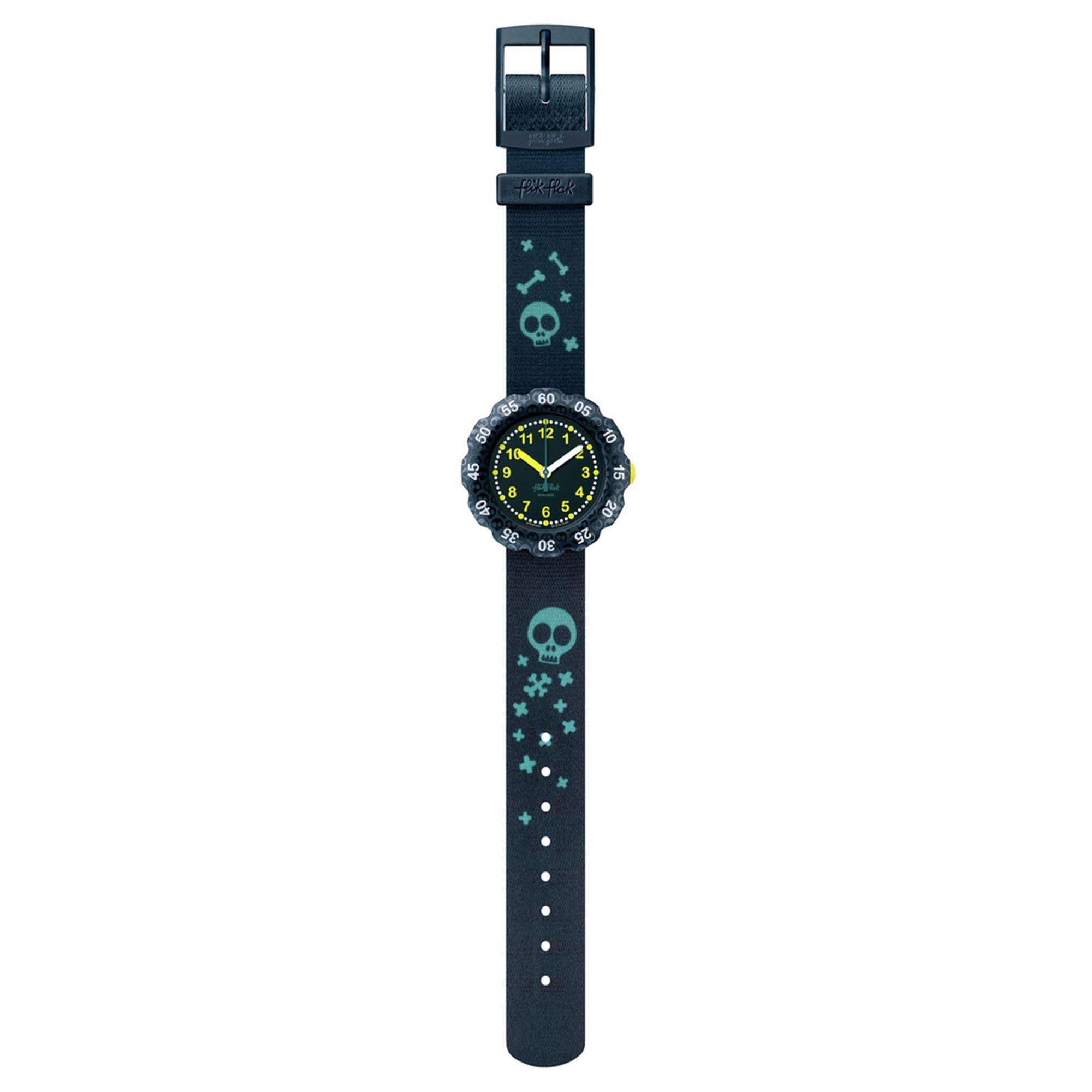 Flik Flak Skeleticious Quarz Grünes Zifferblatt Grünes Recyceltes PET Armband Kinder Uhr FPSP052