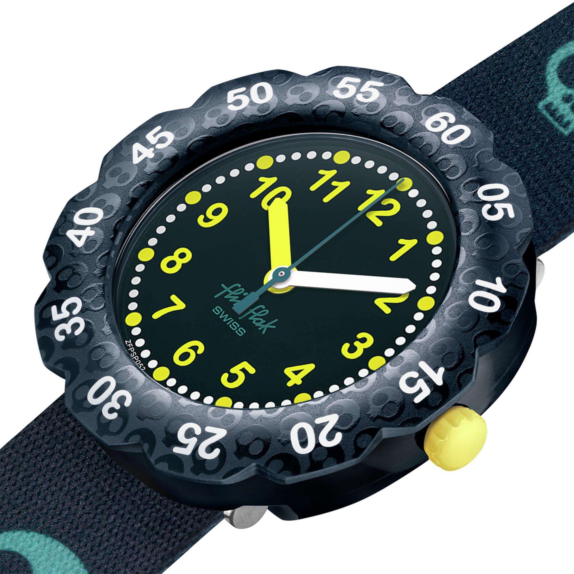 Flik Flak Skeleticious Quarz Grünes Zifferblatt Grünes Recyceltes PET Armband Kinder Uhr FPSP052