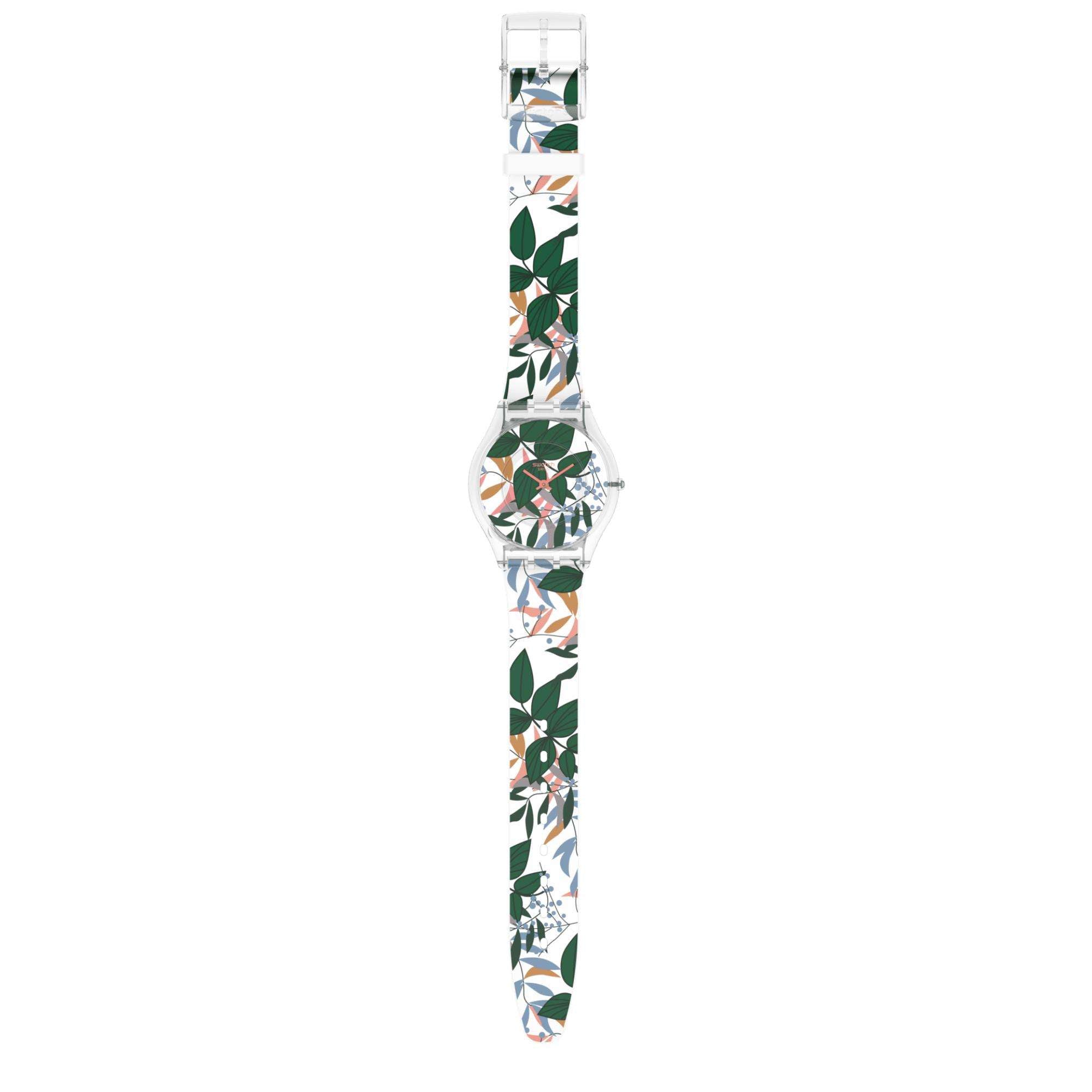 Swatch Skin Classic Leaves Jungle Quartz Floral Dial Floral Silicone Strap Ladies Watch SS08K111