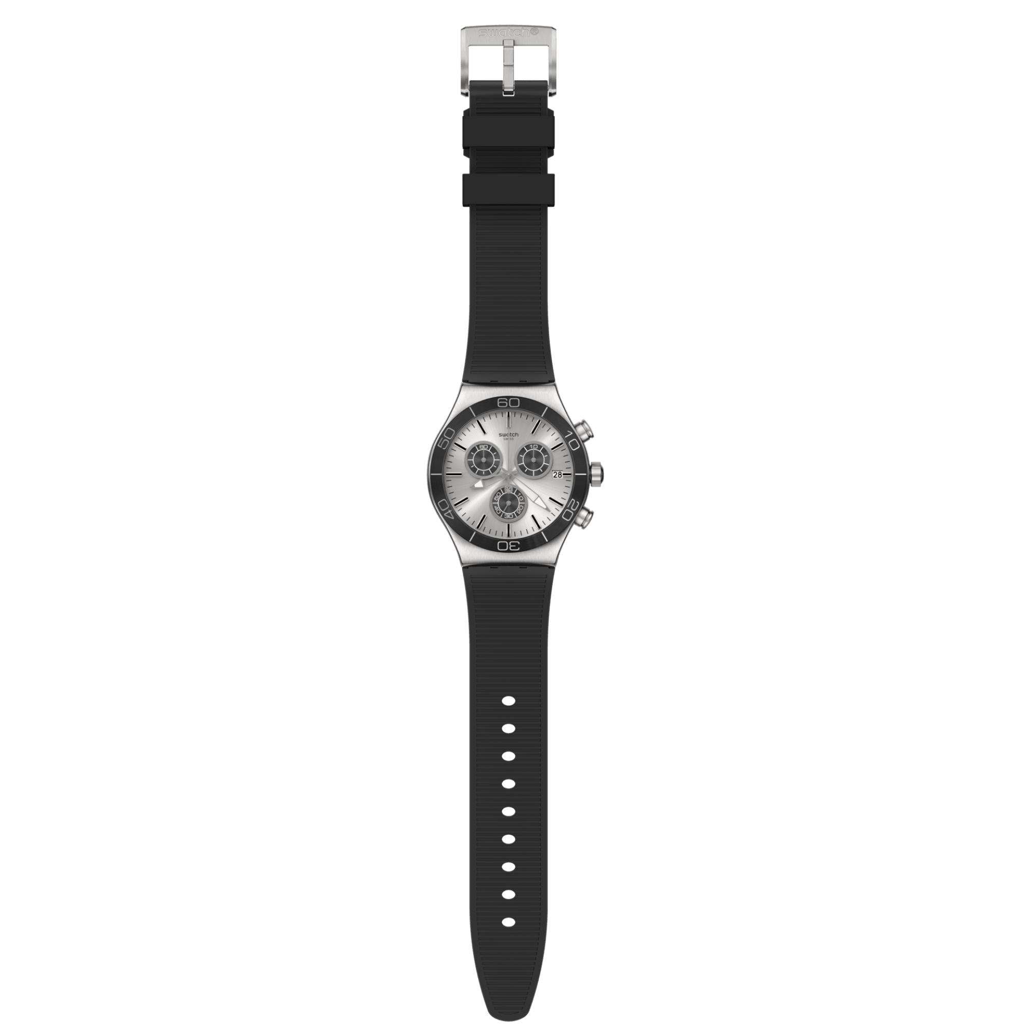 Swatch New Irony Chrono Great Outdoors Quartz Silver Dial Black Silicone Strap Men's Watch YVS486