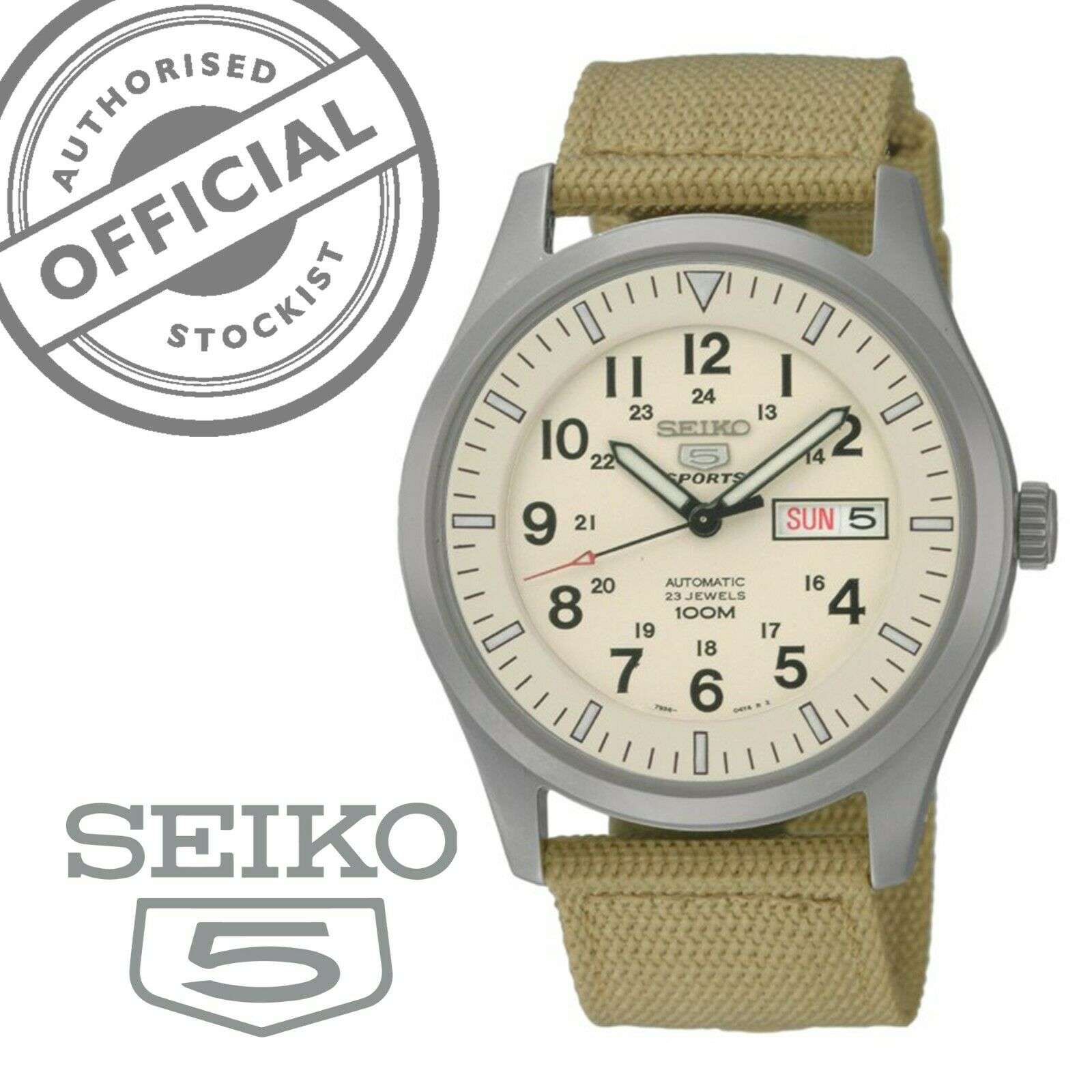 Seiko 5 Sports Automatic Military Cream Dial Canvas Men's Watch SNZG07K1