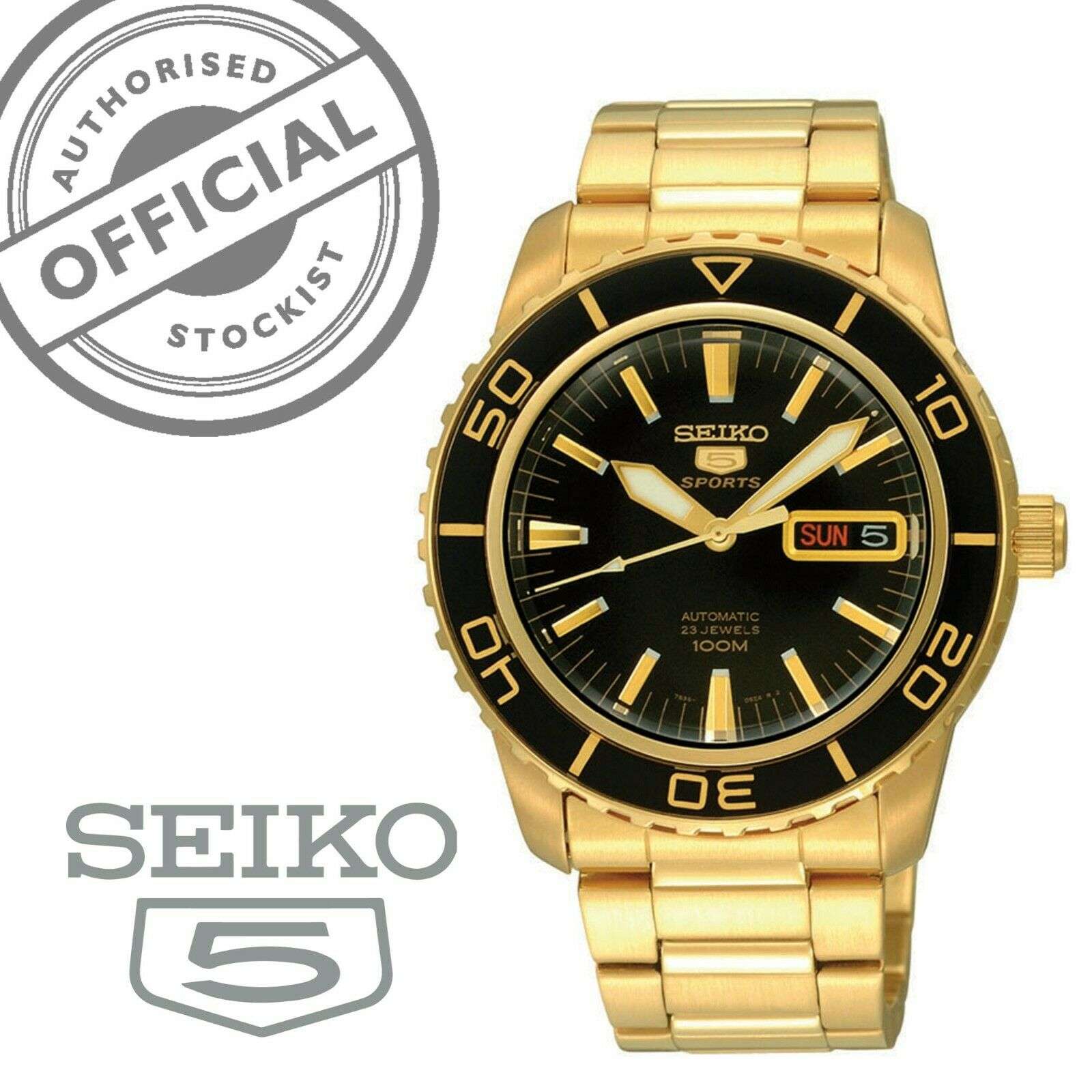 Seiko 5 Sports Automatik Herrenarmbanduhr mit schwarzem Zifferblatt und goldfarbenem Edelstahl SNZH60K1