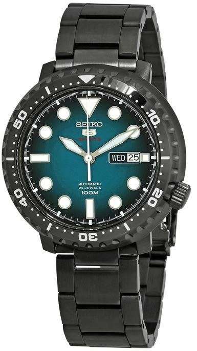 Montre homme Seiko 5 Sports automatique cadran turquoise bracelet acier inoxydable gris canon de fusil SRPC65K1