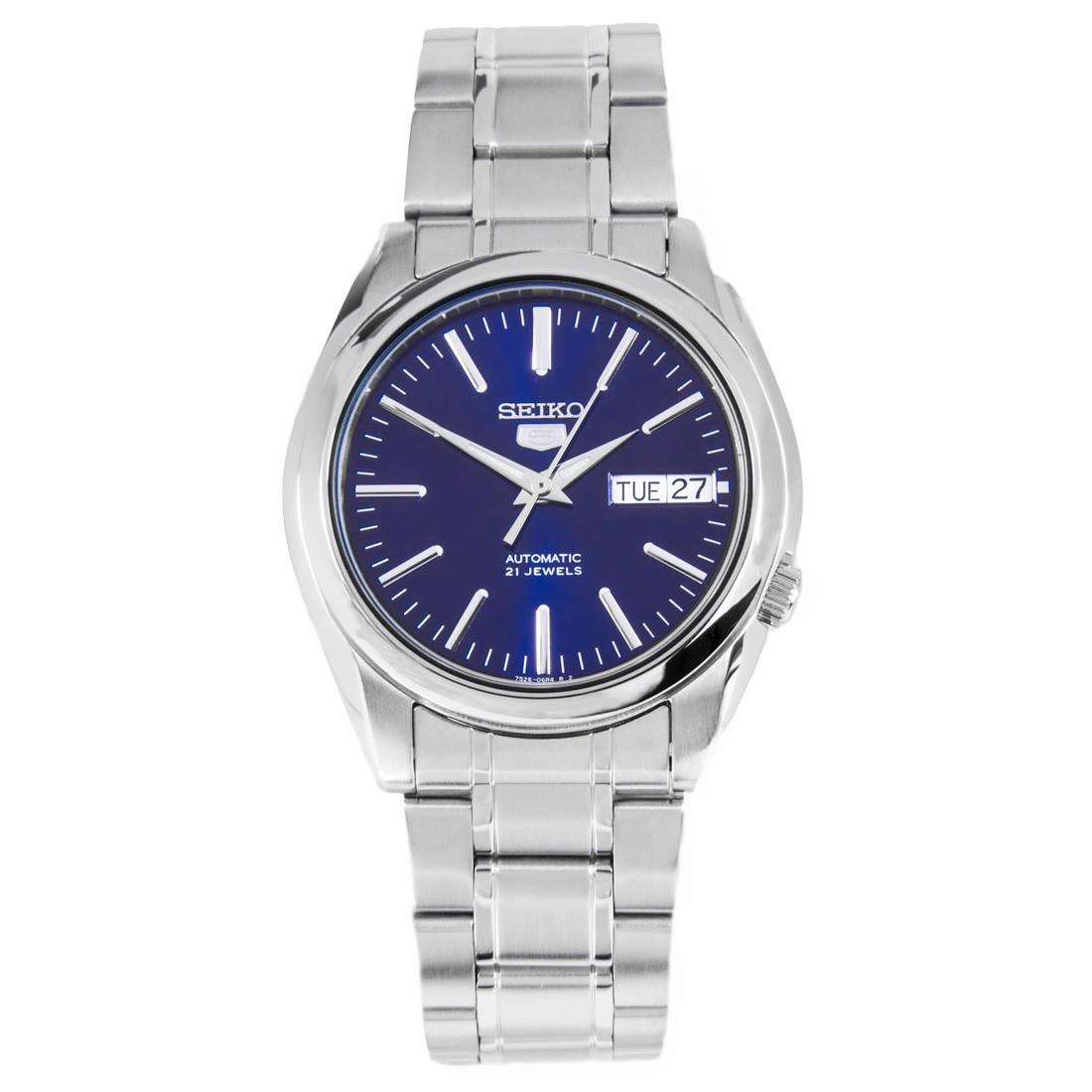 Seiko 5 automatic blue dial steel bracelet men's watch SNKL43K1 on white background
