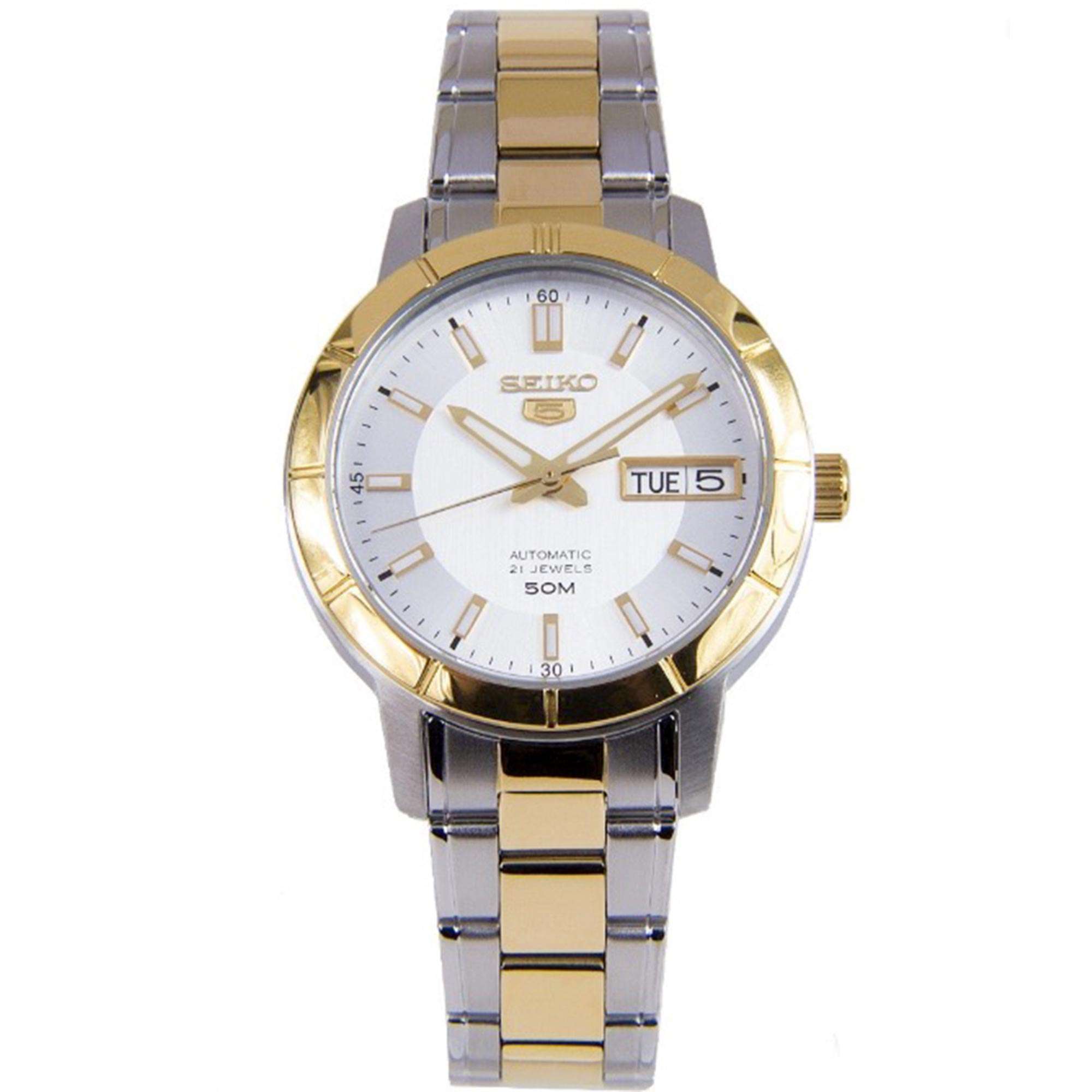 Seiko 5 Automatik Weißes Zifferblatt Zweifarbig Silber Gold Edelstahl Damen Uhr SNK892K1
