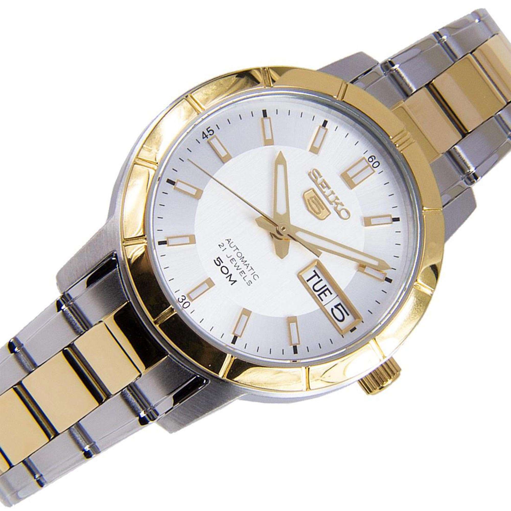 Seiko 5 Automatik Weißes Zifferblatt Zweifarbig Silber Gold Edelstahl Damen Uhr SNK892K1