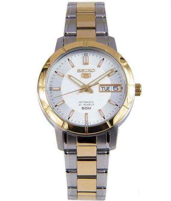 Seiko 5 Automatik Weißes Zifferblatt Zweifarbig Silber Gold Edelstahl Damen Uhr SNK892K1