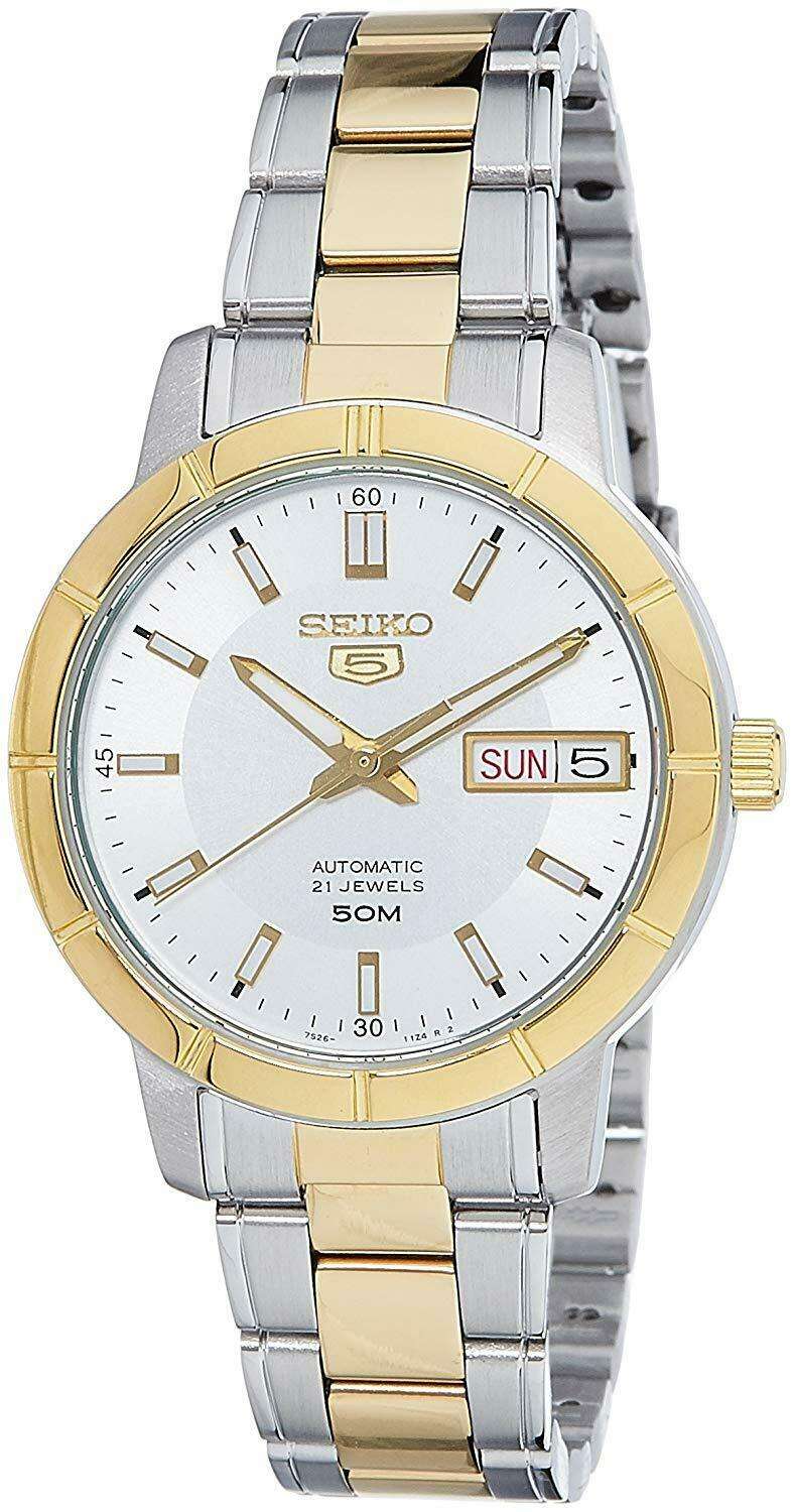 Seiko 5 Automatik Weißes Zifferblatt Zweifarbig Silber Gold Edelstahl Damen Uhr SNK892K1