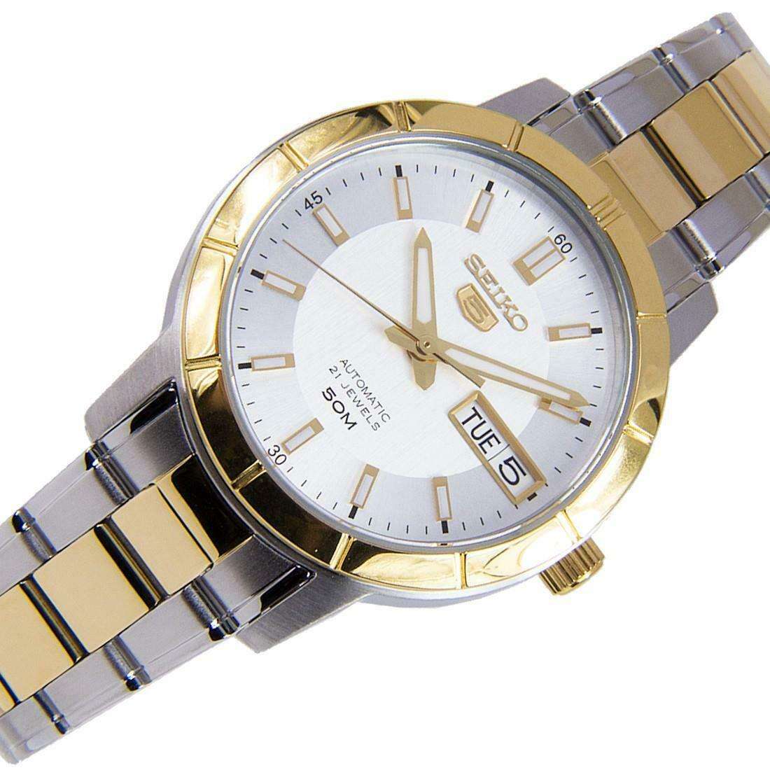 Seiko 5 Automatik Weißes Zifferblatt Zweifarbig Silber Gold Edelstahl Damen Uhr SNK892K1