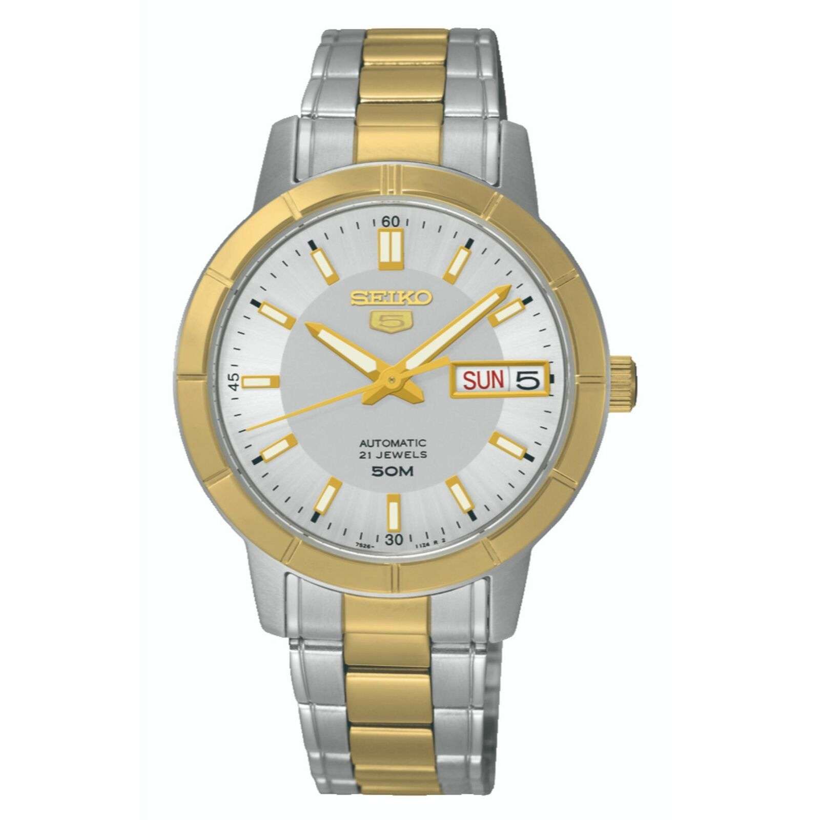 Seiko 5 Automatik Weißes Zifferblatt Zweifarbig Silber Gold Edelstahl Damen Uhr SNK892K1