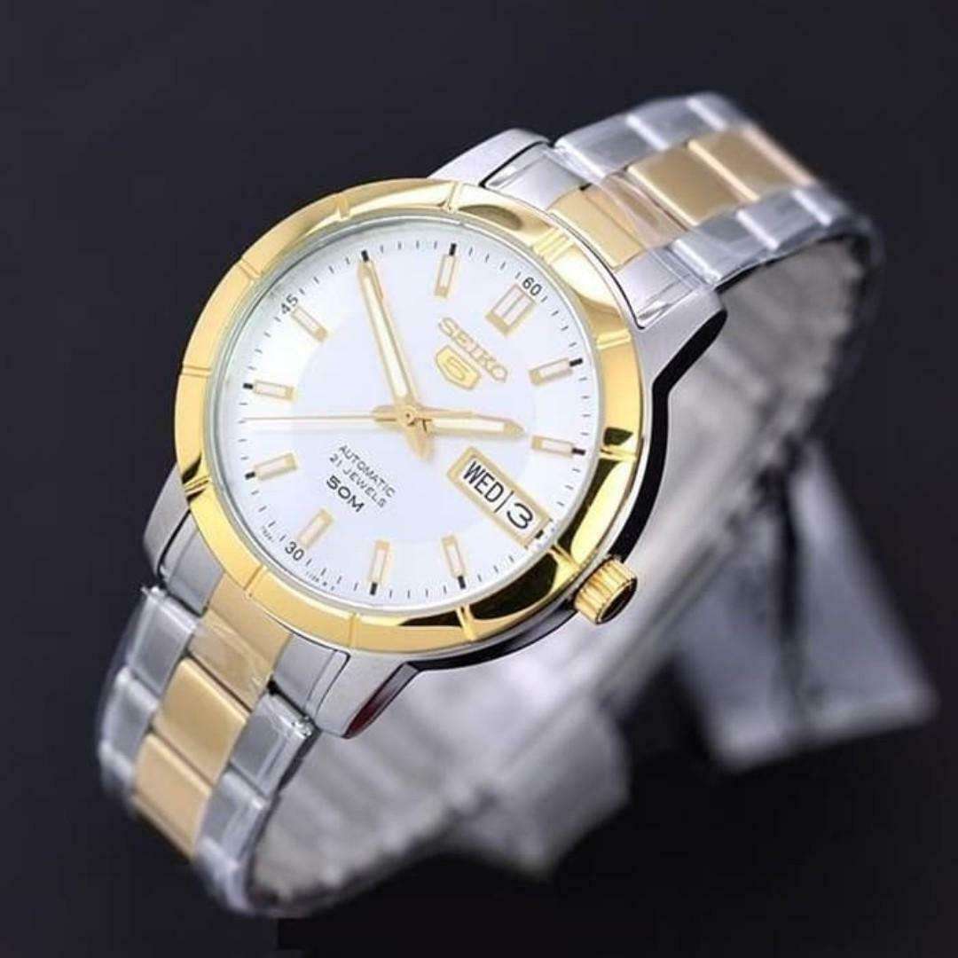 Seiko 5 Automatik Weißes Zifferblatt Zweifarbig Silber Gold Edelstahl Damen Uhr SNK892K1