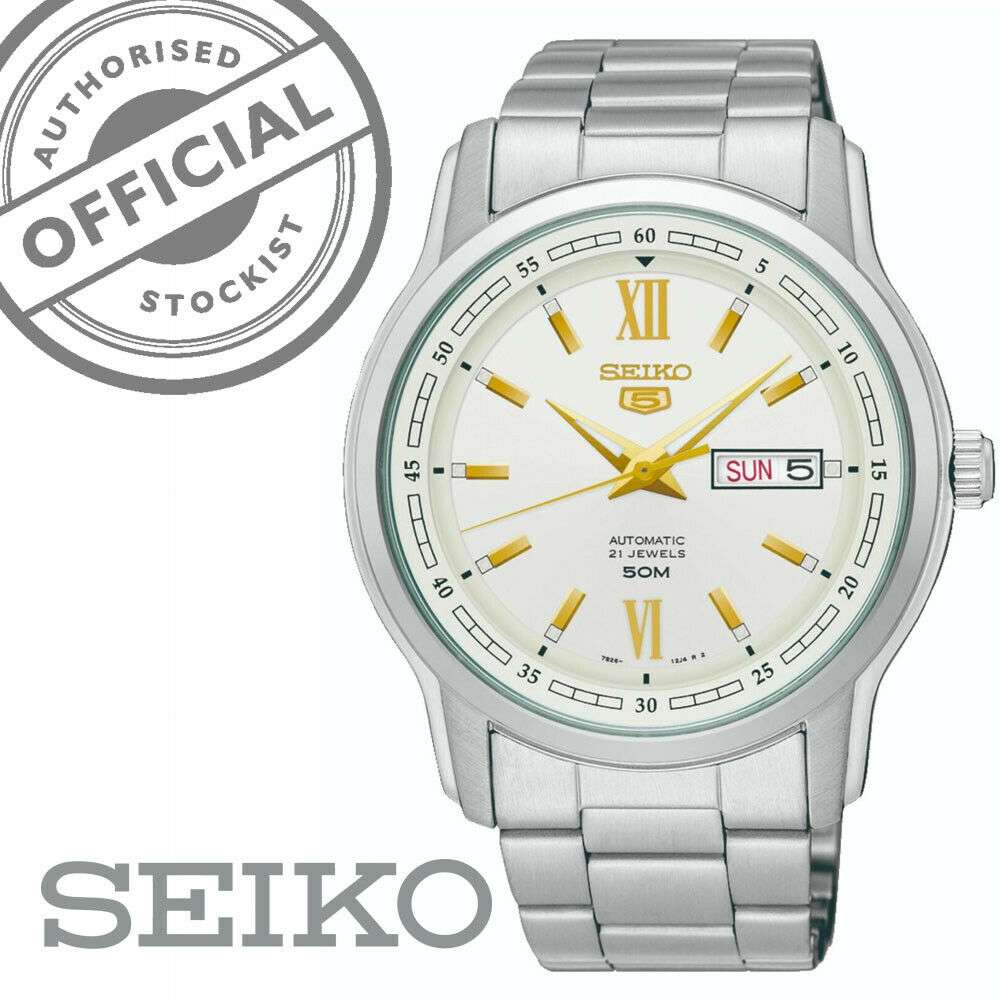 Seiko 5 SNKP15K1 white dial with Roman numeral markers front view