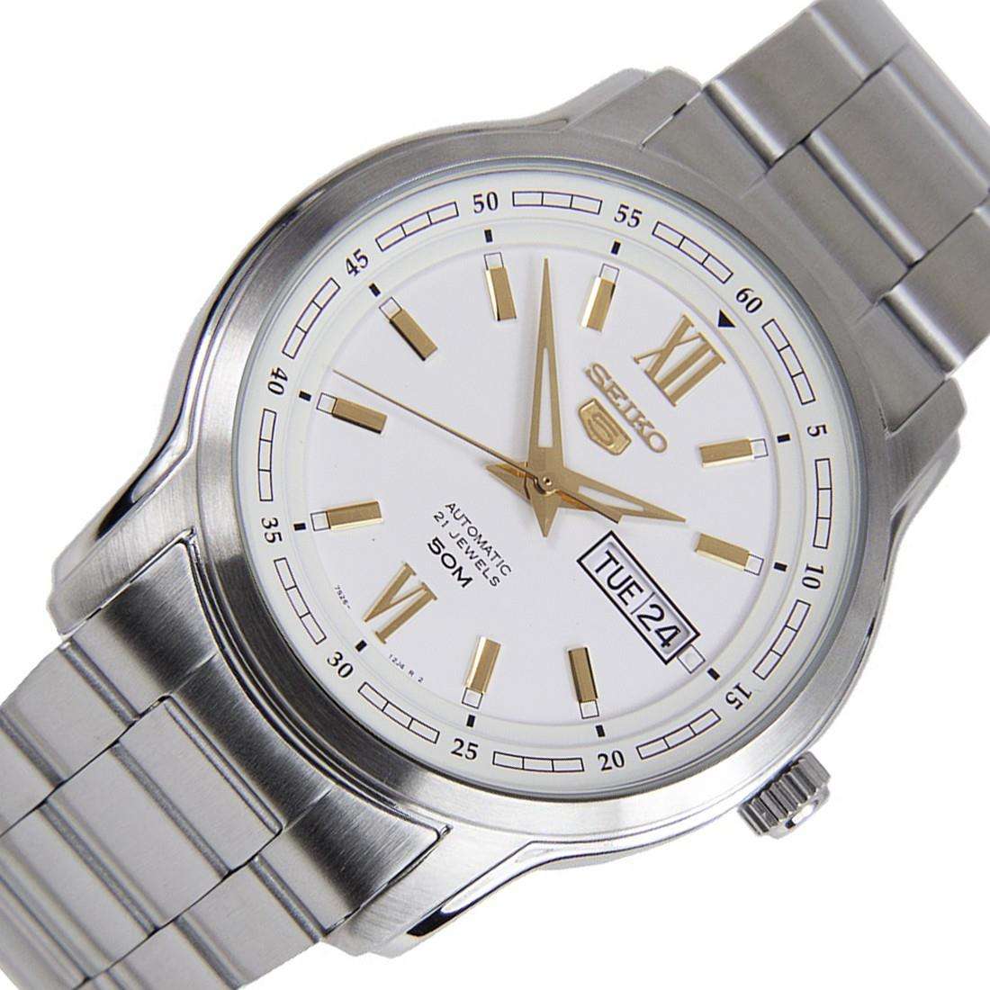 Seiko 5 SNKP15K1 white dial with Roman numeral markers front view