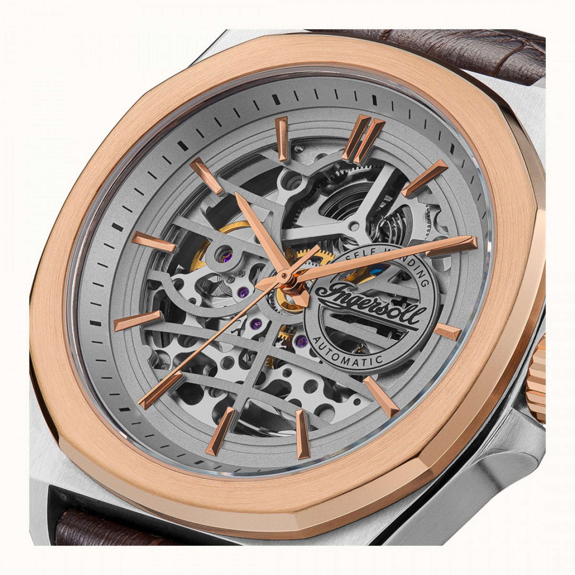 Ingersoll The Orville Automatik Silber Skelett Zifferblatt Braunes Lederarmband Herren Uhr I09301B