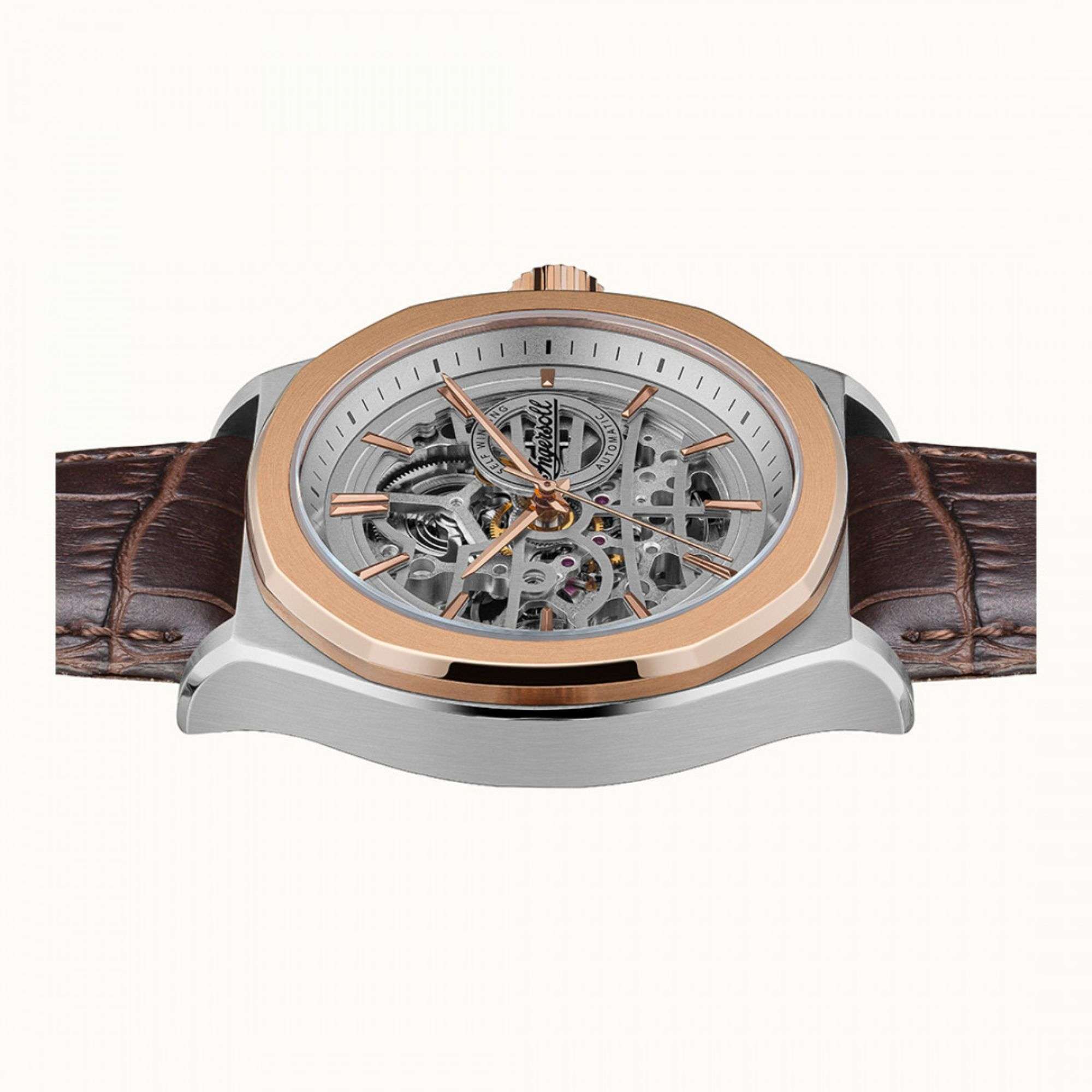 Ingersoll The Orville Automatik Silber Skelett Zifferblatt Braunes Lederarmband Herren Uhr I09301B